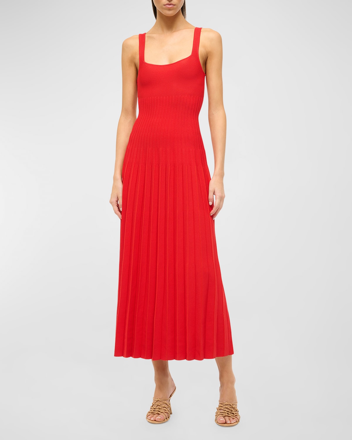 Shop Staud Ellison Square-neck Sleeveless Stitched Midi Dress In Red Rose