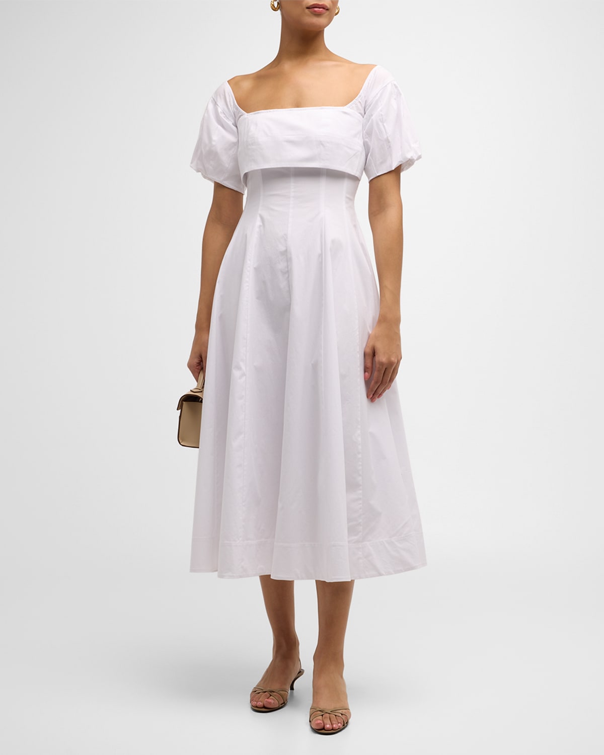 Shop Staud Palermo Puff-sleeve Stretch Poplin Dress In White