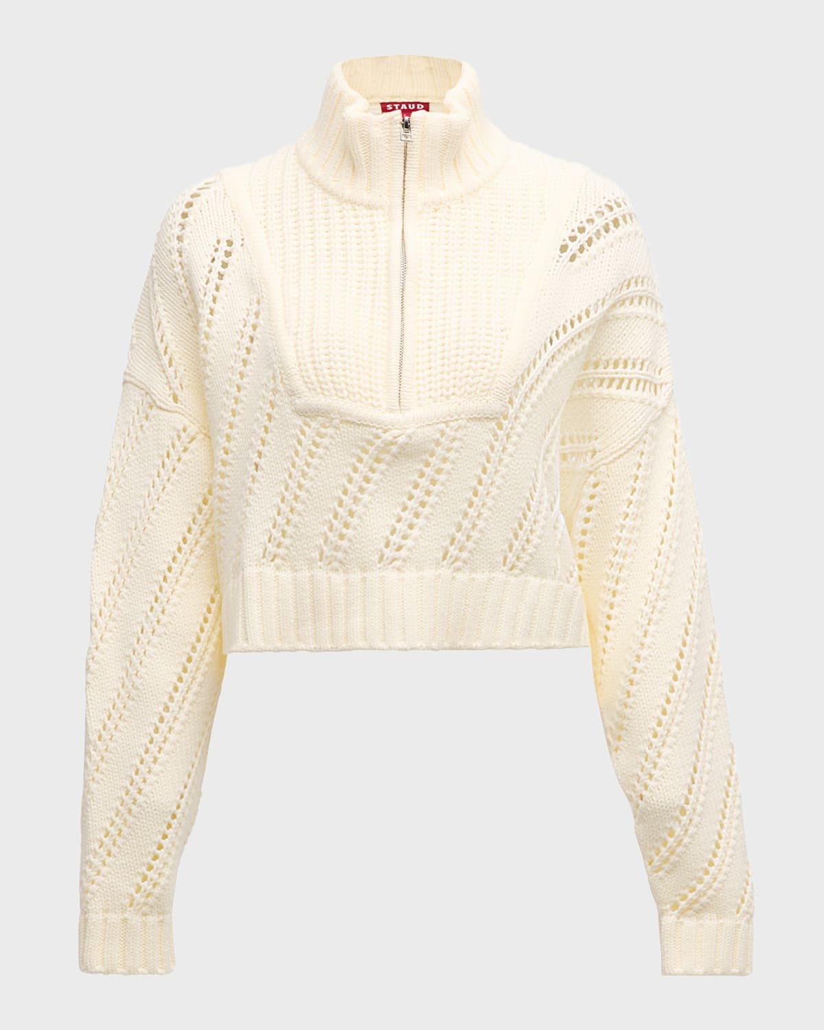 Shop Staud Hampton Open Knit Cropped Half-zip Sweater In Ivory