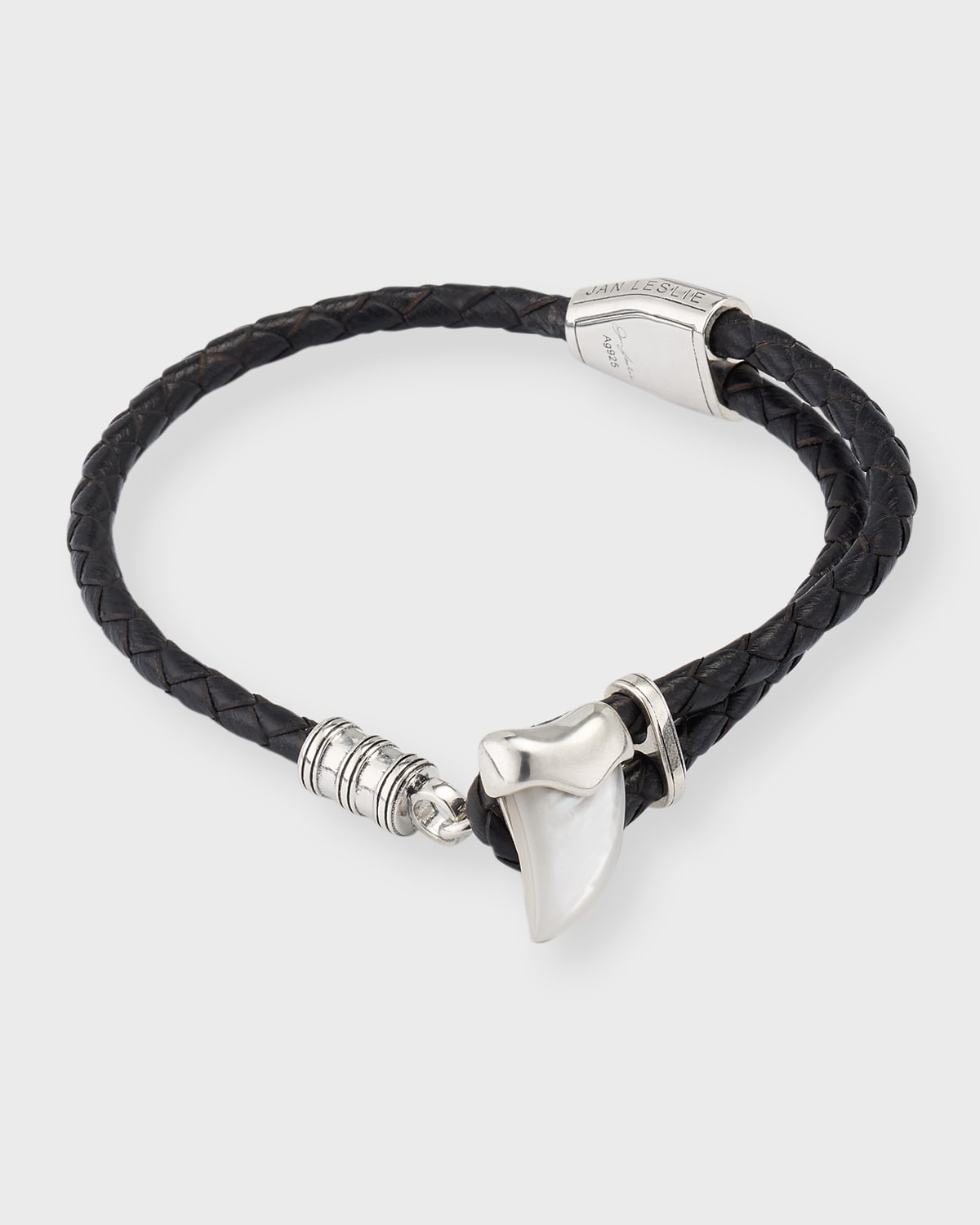 Jan Leslie Men's Braided Leather Bracelet With Mother-of-pearl Shark Tooth In Silver White Pearl