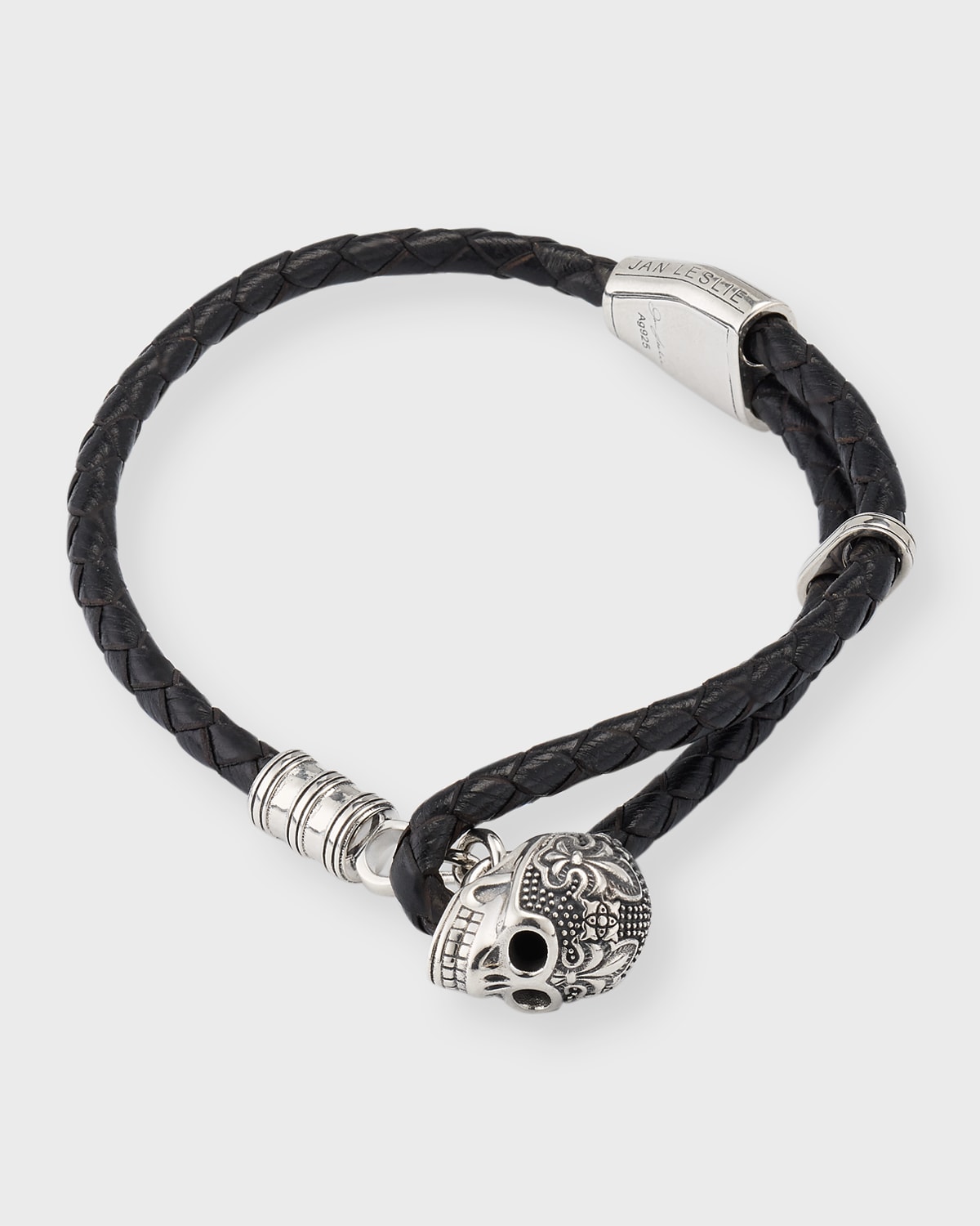Jan Leslie Men's Sterling Silver & Braided Leather Skull Detail Bracelet In Black/silver