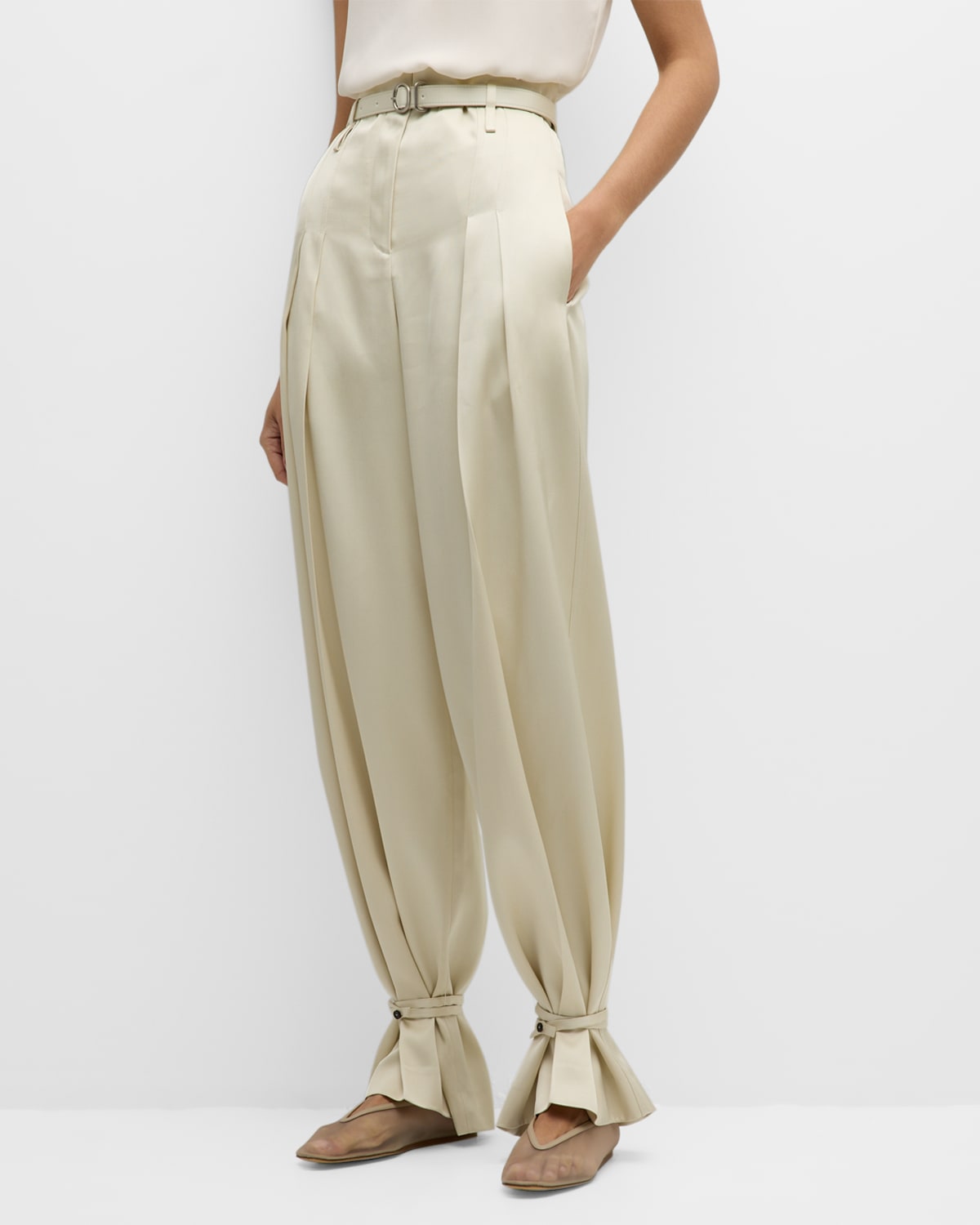 Jil Sander High-rise Pleated Belted Straight-leg Tie-cuff Trousers In Natural