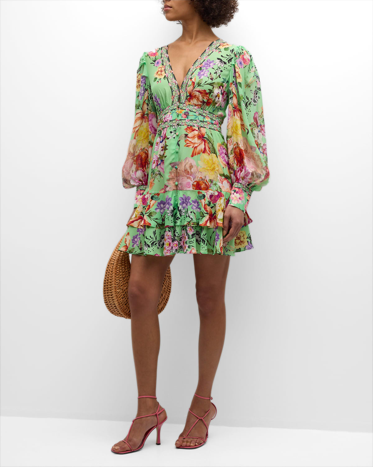 Shop Camilla Button-front Frill Tiered Silk Mini Dress In Porcelain Dream