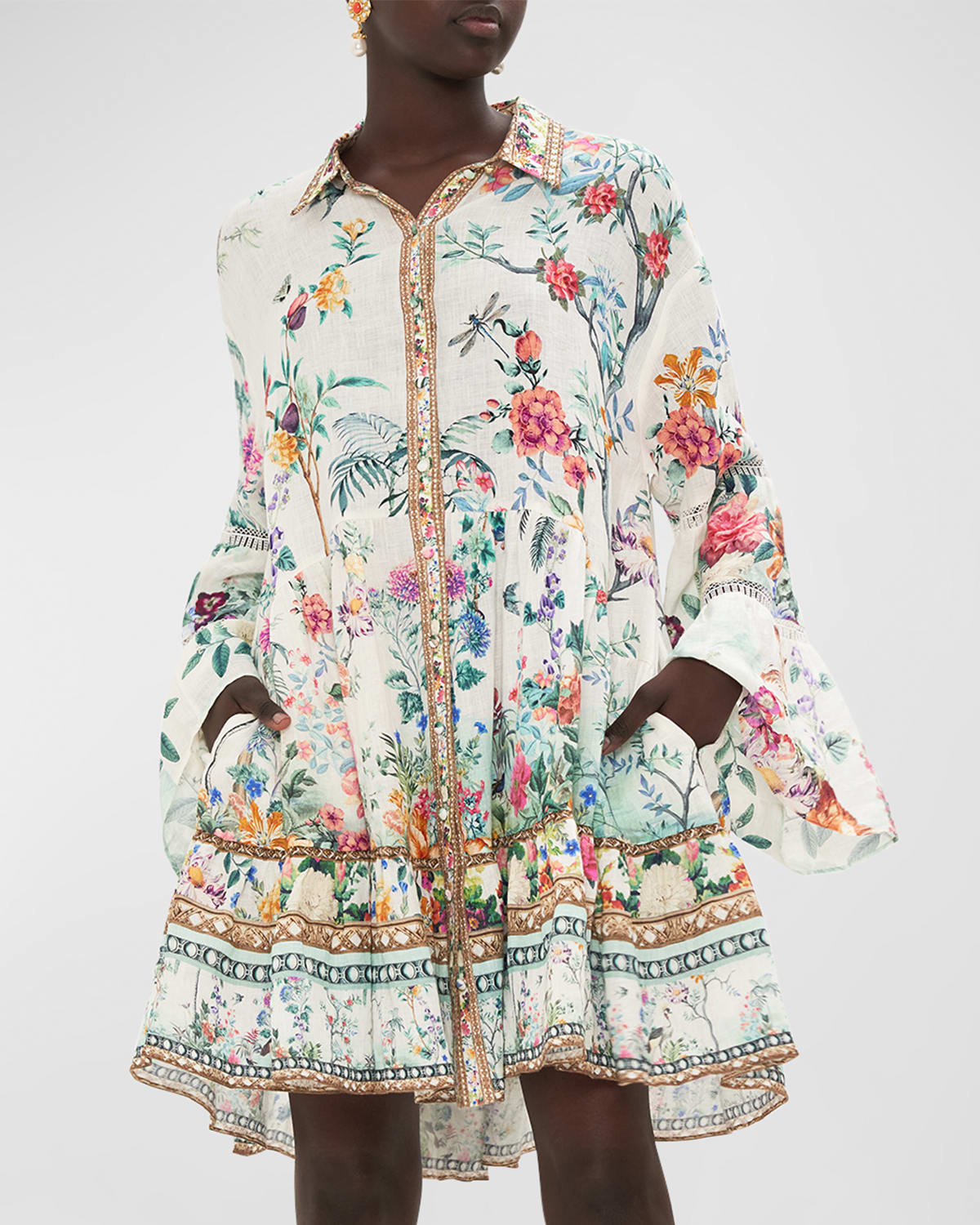 Lace-Trim Yoke Tiered Linen Mini Shirt Dress