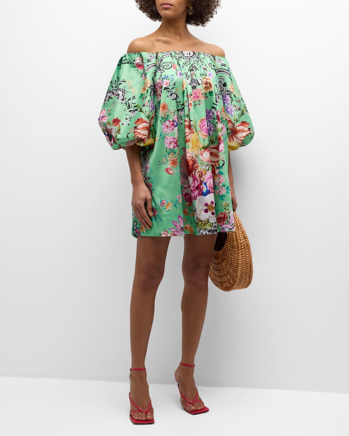 Shop Camilla Off-shoulder Puff-sleeve Floral Mini Dress In Porcelain Dream