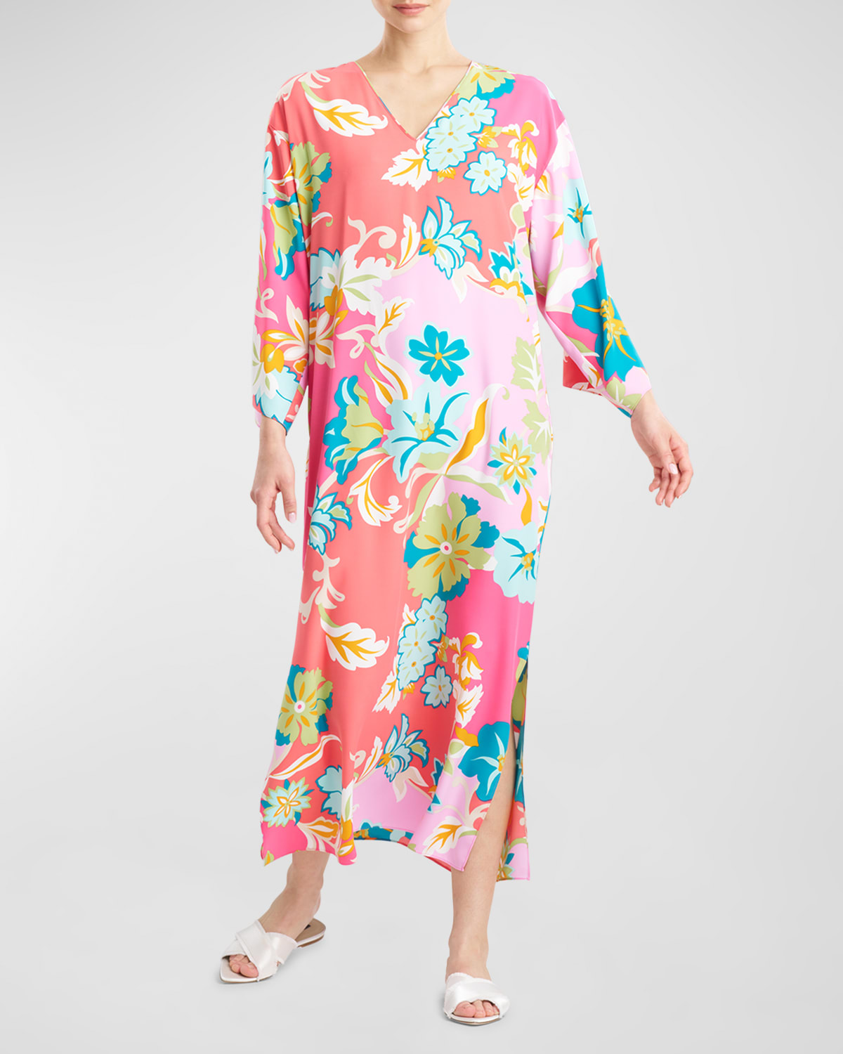 Shop Natori Marbella Floral-print Long-sleeve Maxi Caftan Dress In Pinkgreen