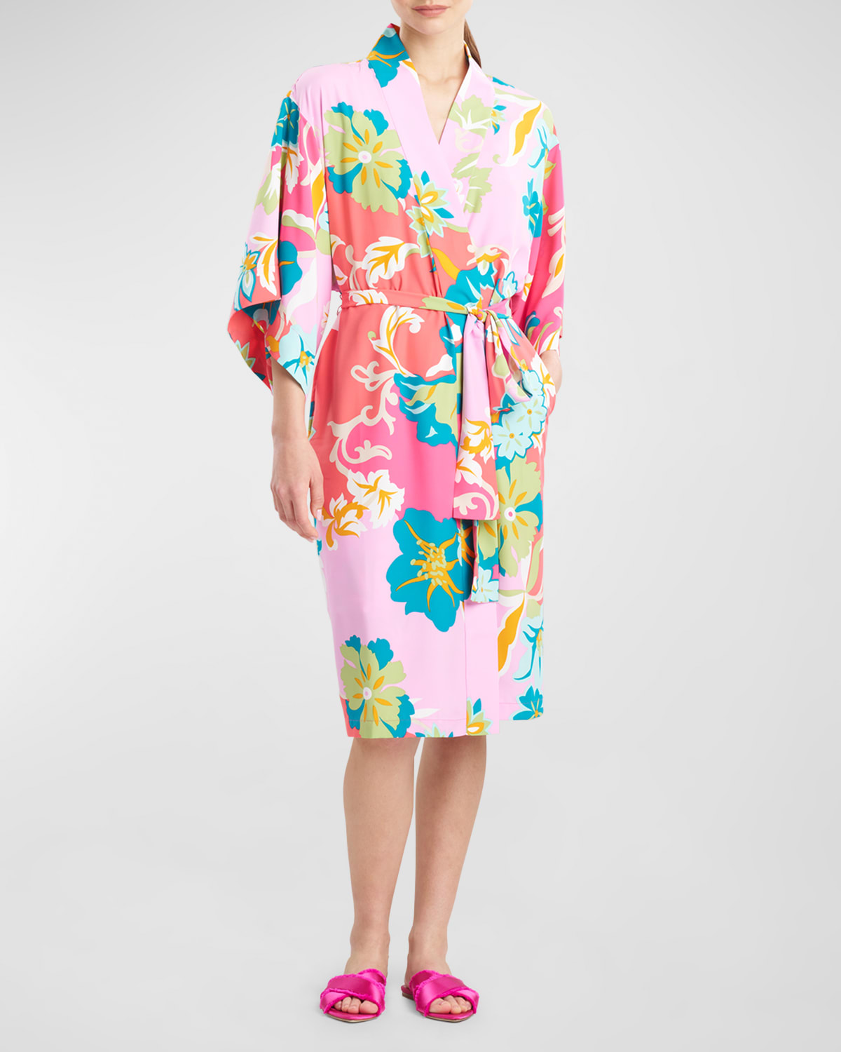 Shop Natori Marbella Floral-print Robe In Pinkgreen