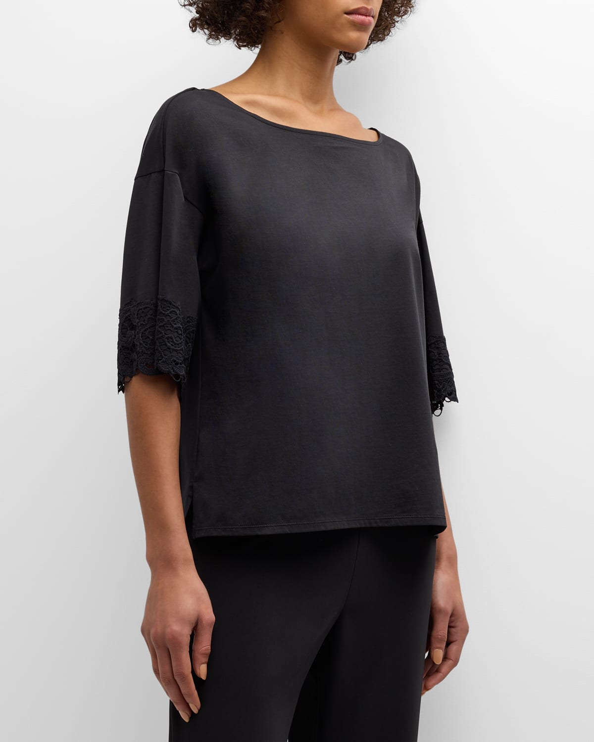 Shop Natori Bliss Harmony Lace-trim Elbow-sleeve T-shirt In Black