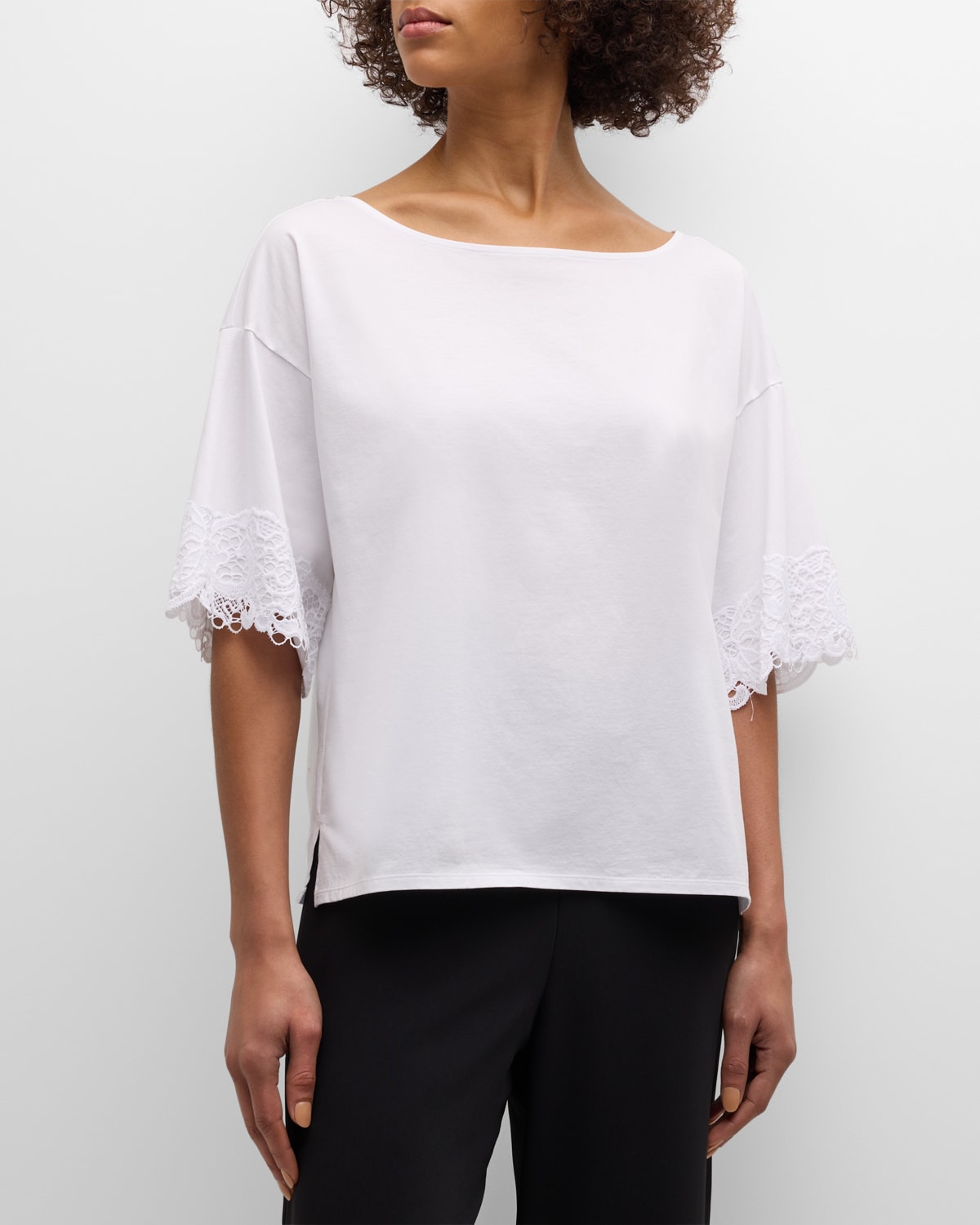 Shop Natori Bliss Harmony Lace-trim Elbow-sleeve T-shirt In White