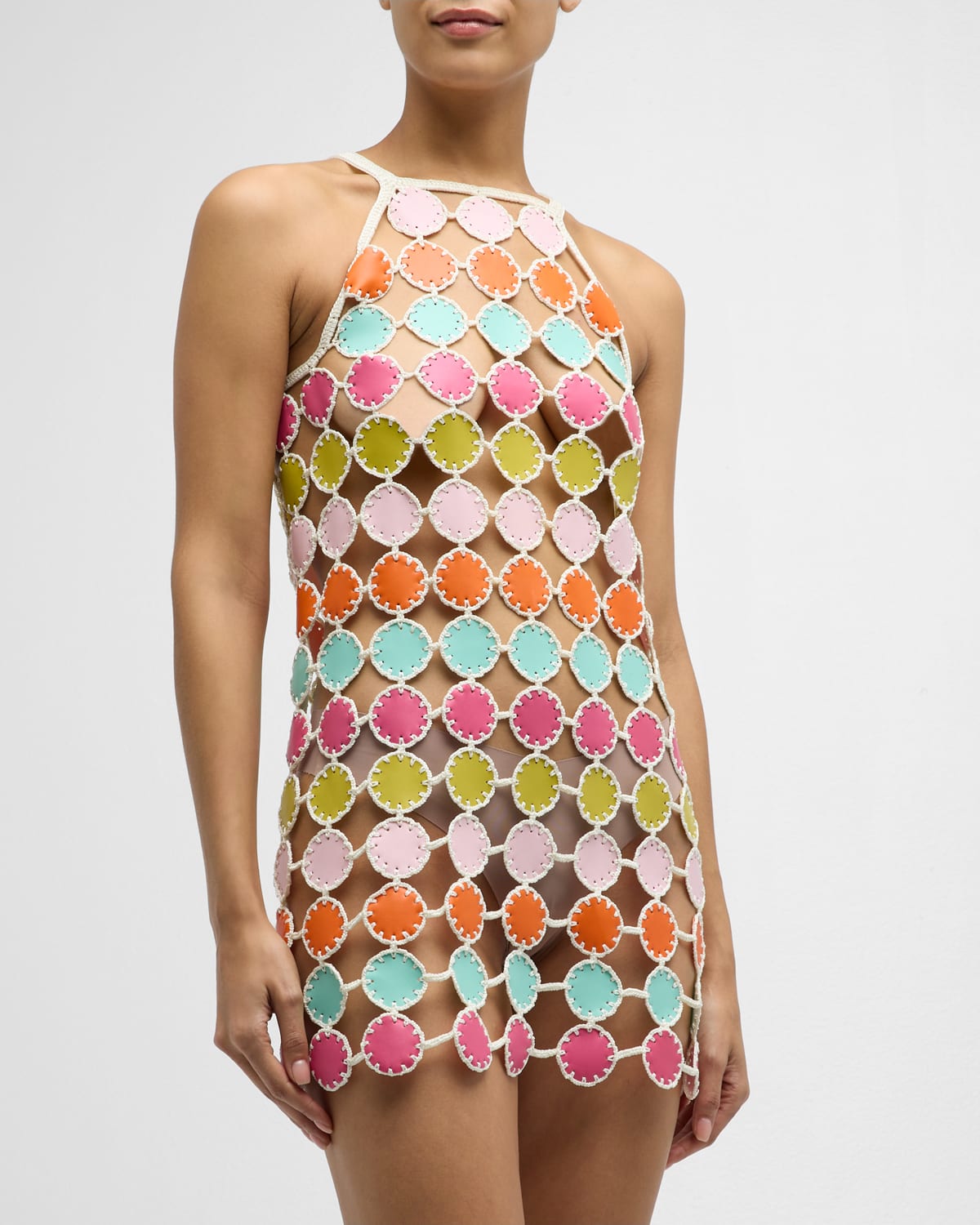 Hand Crochet Mini Dress with Faux Leather Scoop Motifs