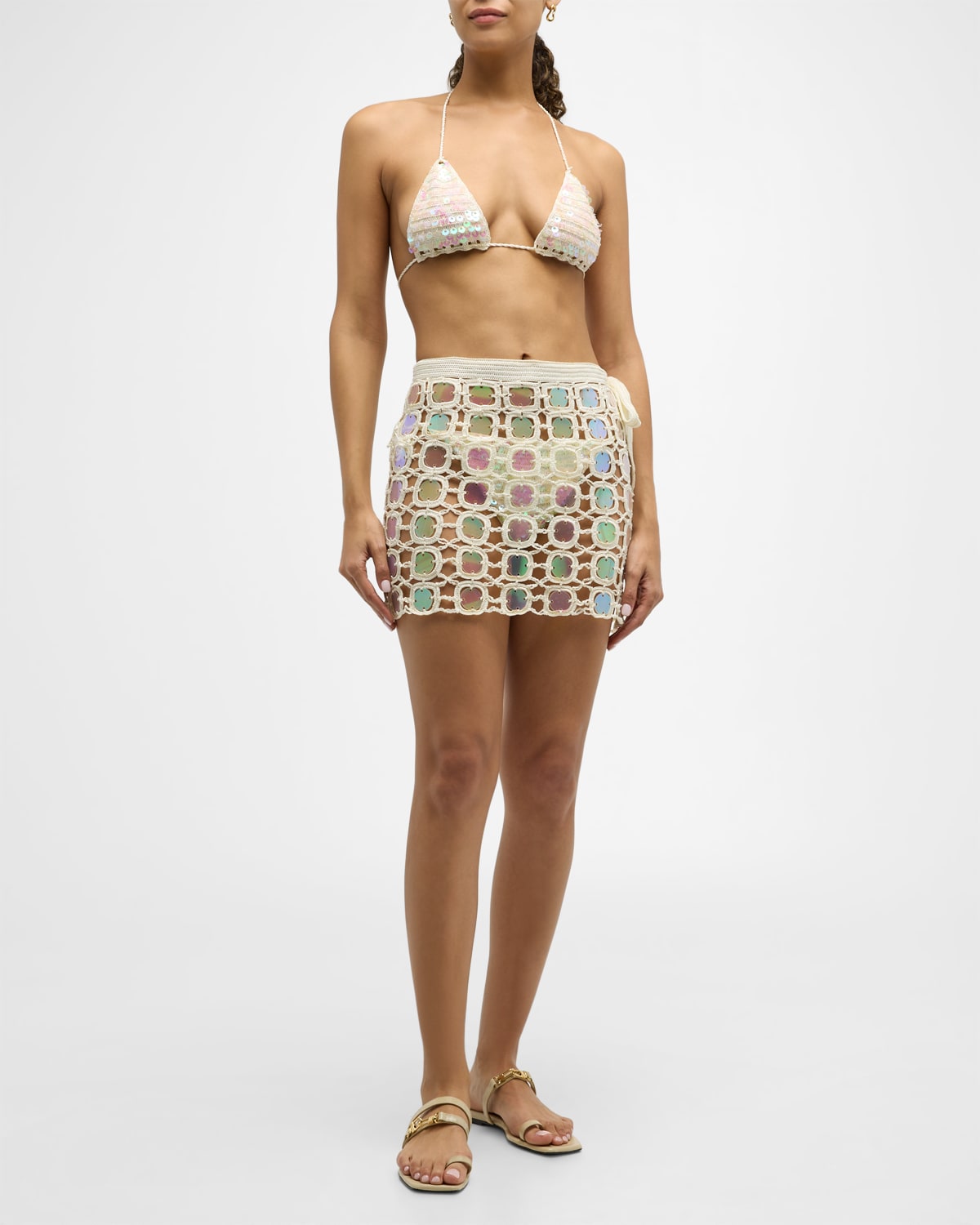 Shop My Beachy Side Hand Crochet Sequin Mini Skirt In Ivory