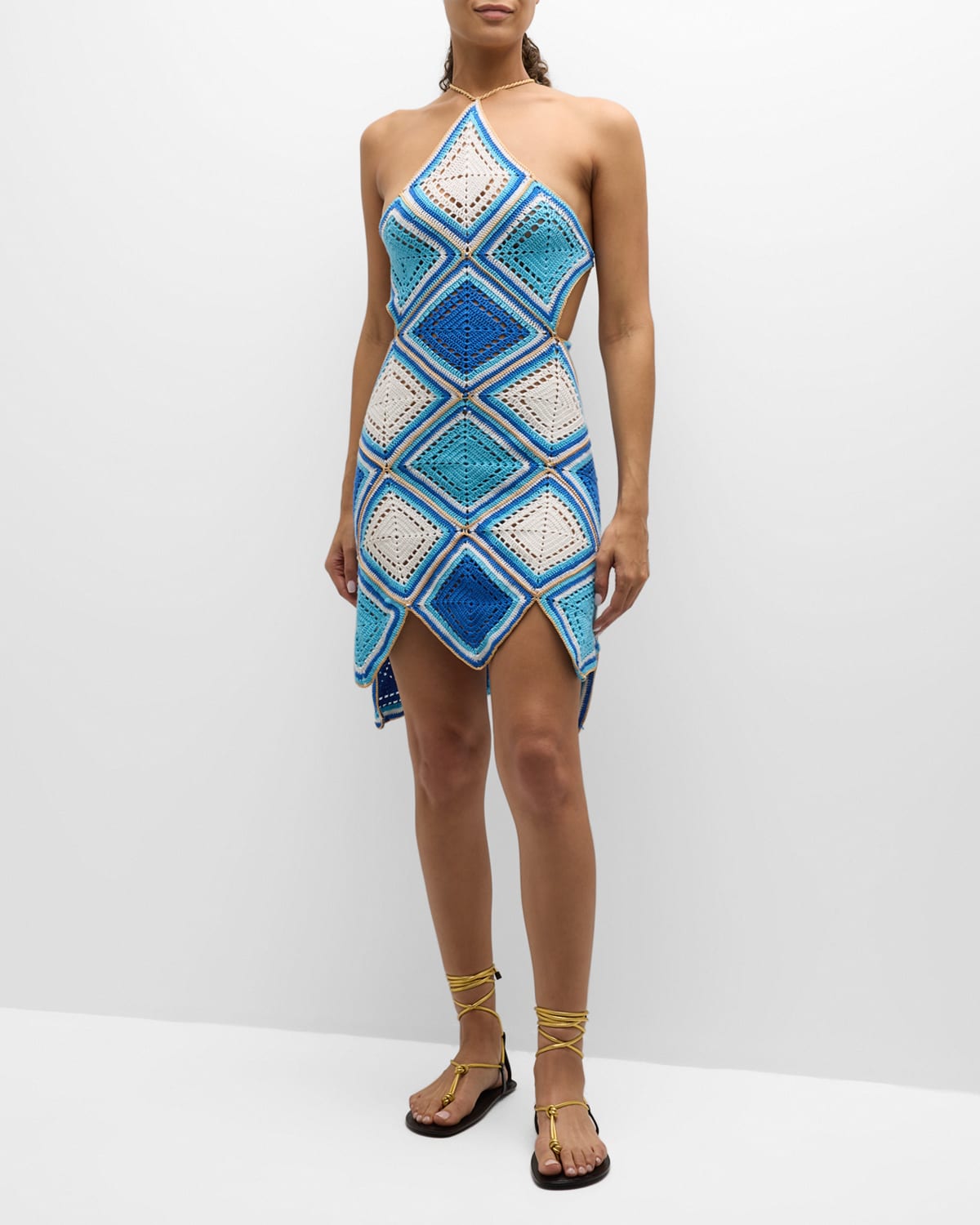Shop My Beachy Side Hand-crochet Diamond Pattern Tiered Mini Dress In Blue