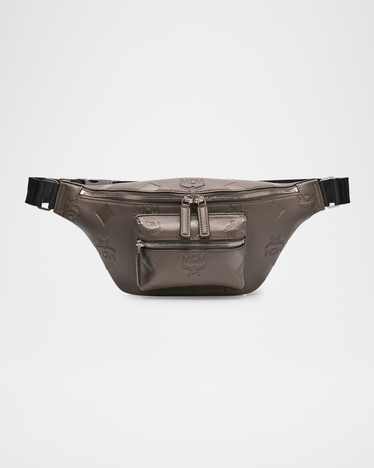 Mcm Fursten Medium Maxi Monogram Embossed Leather Belt Bag In Morel Grey