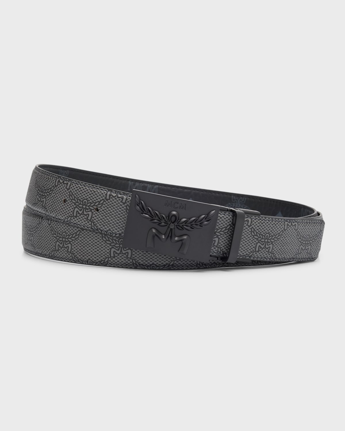 Mcm Men's Embossed Monogram Leather Reversible Belt In Dark Grey