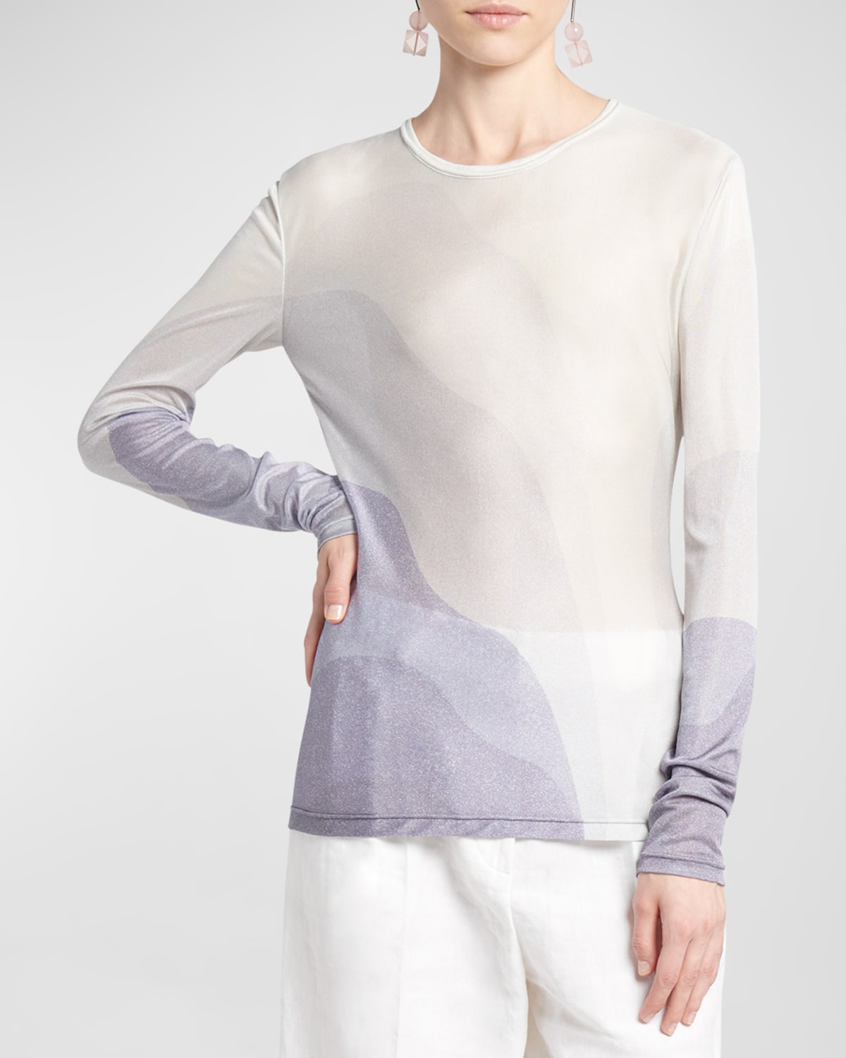 Giorgio Armani Wave-print Long-sleeve Metallic Silk Jersey Knit Top In Lt Purple