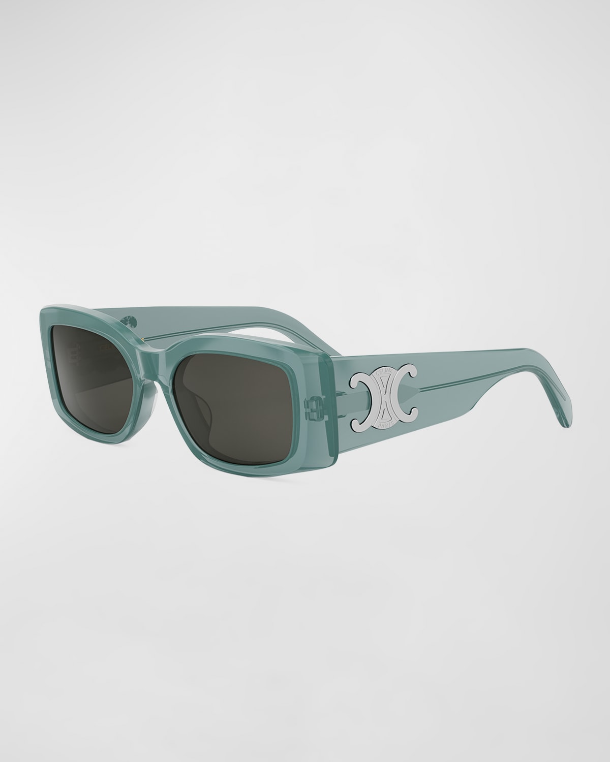 Shop Celine Men's Triomphe Rectangular Acetate Sunglasses In Shiny Light Green Smoke