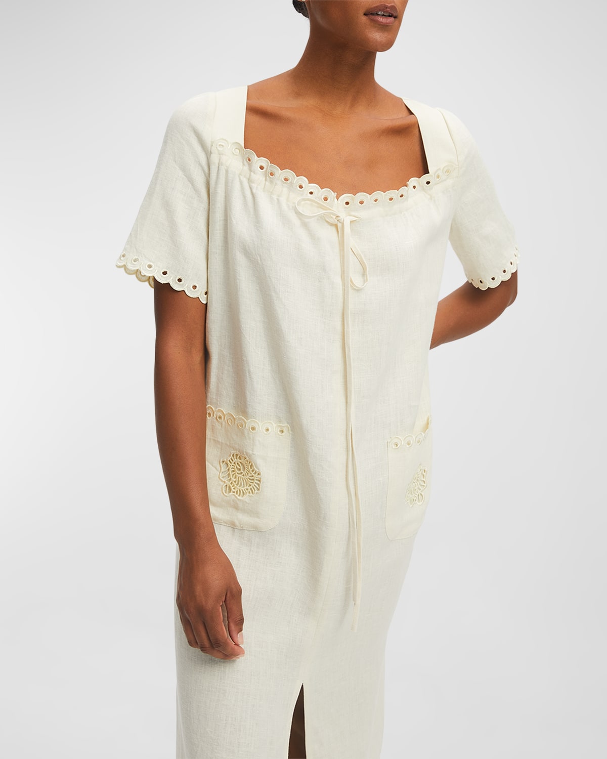 Shop Sleeper Sofia Scalloped Embroidered Linen Midi Dress In White Asparagus