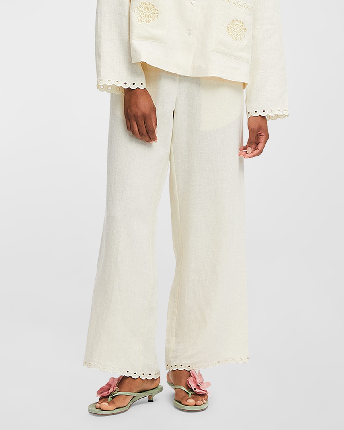 Sofia Floral-Embroidered Linen Pants