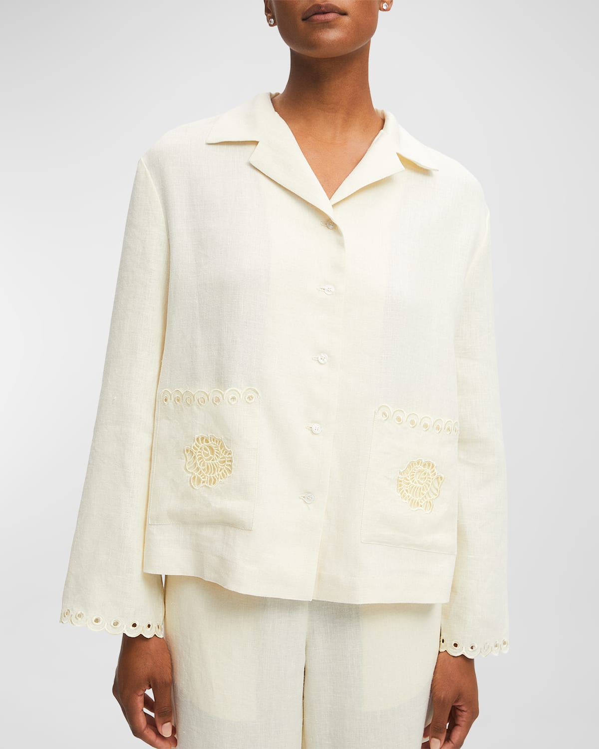 Shop Sleeper Sofia Floral-embroidered Linen Shirt In White Asparagus