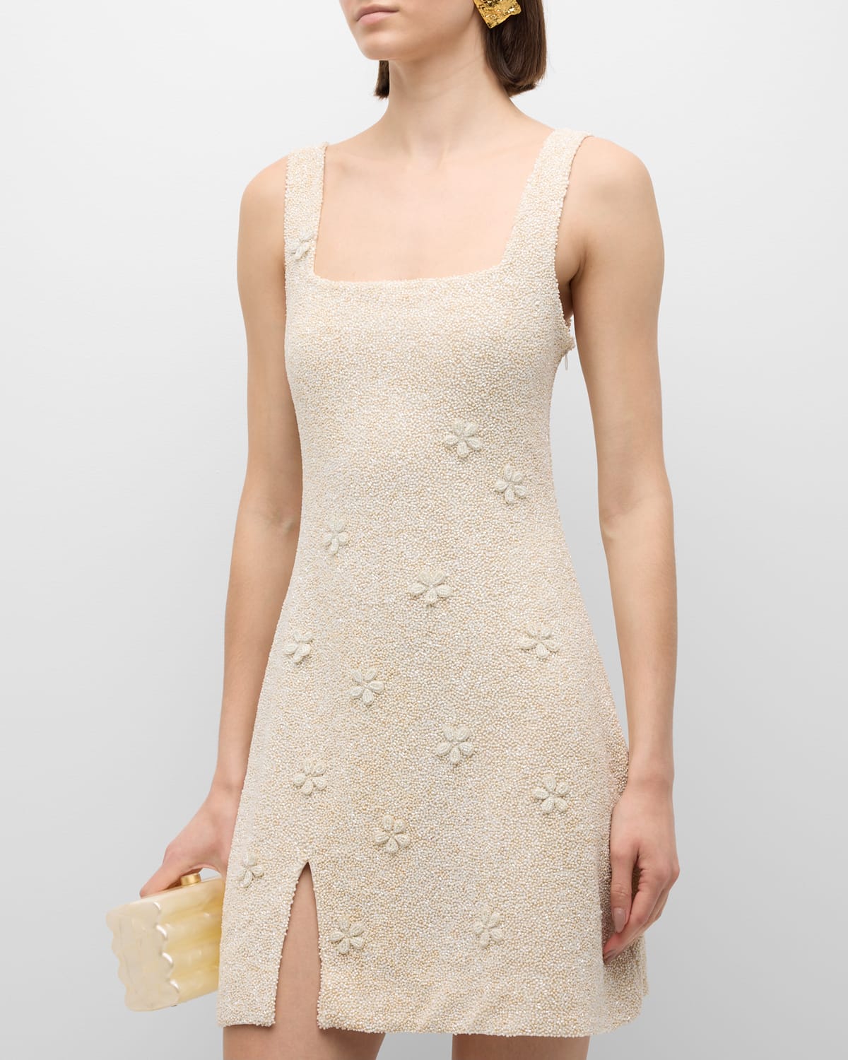 Shop Staud Le Sable Beaded Square-neck Mini Dress In Ivory