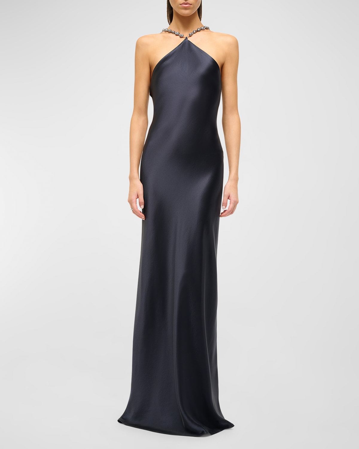 Shop Staud Cadence Beaded Halter Satin Maxi Dress In Navy