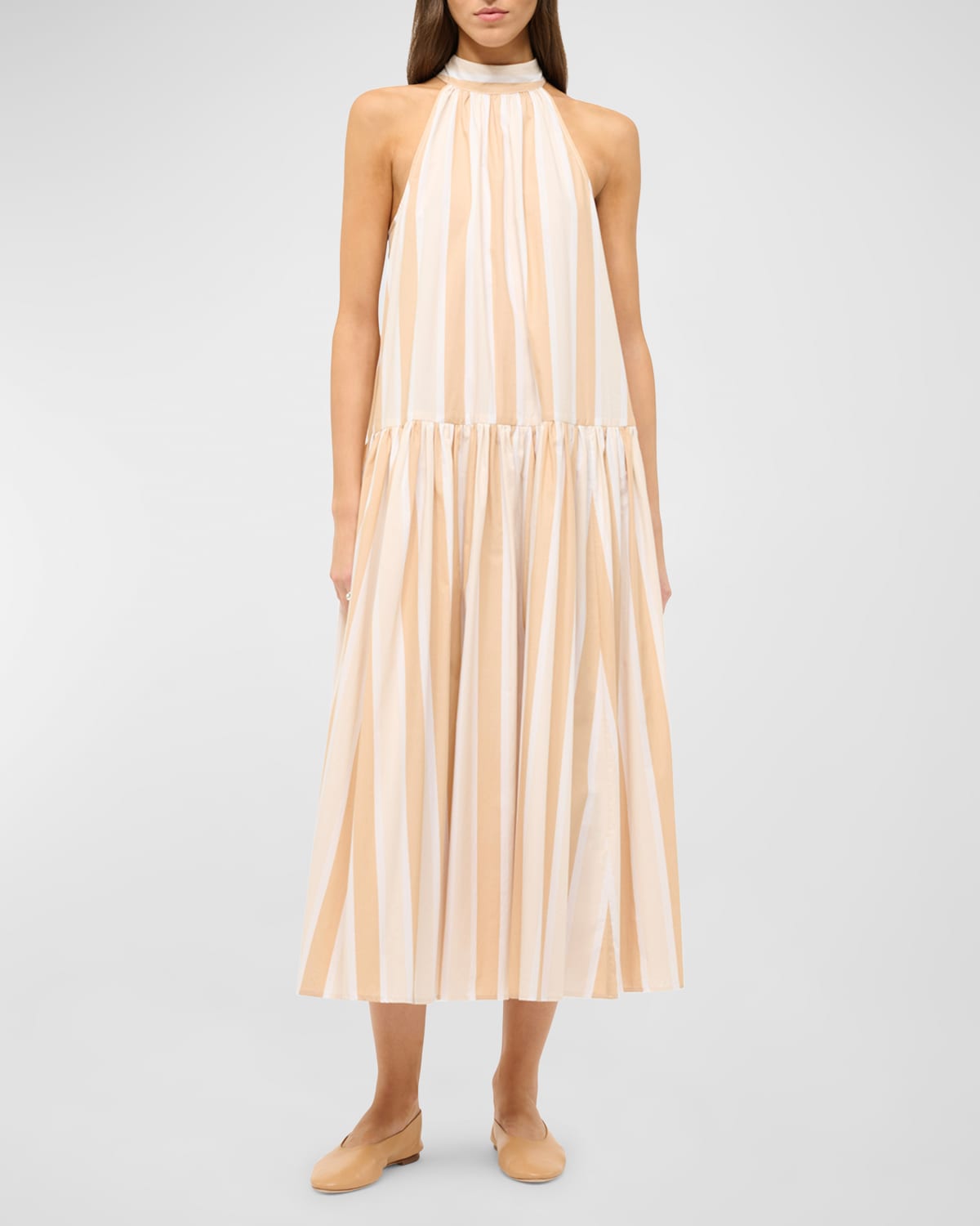 Shop Staud Marlowe Neck-tie Sleeveless Poplin Stripe Midi Dress In Sand Stripe