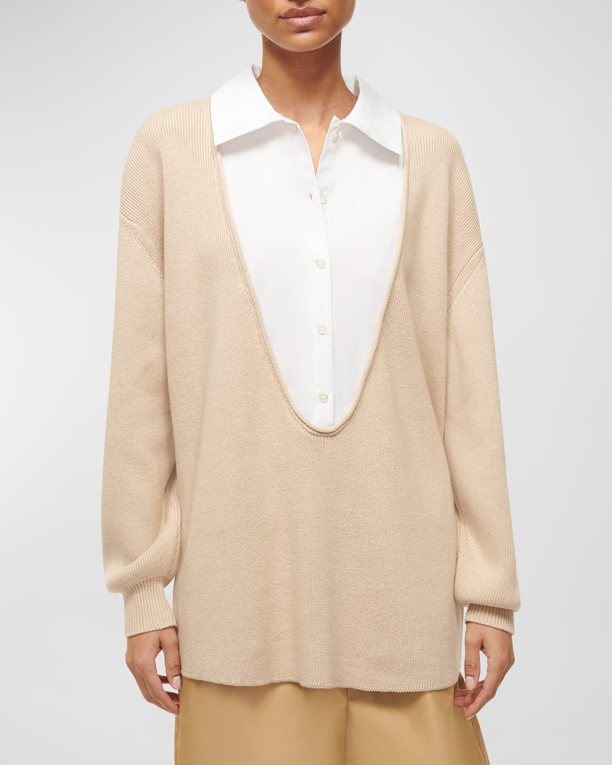 Shop Staud Pietro Cotton Cashmere Combo Sweater In Camel White