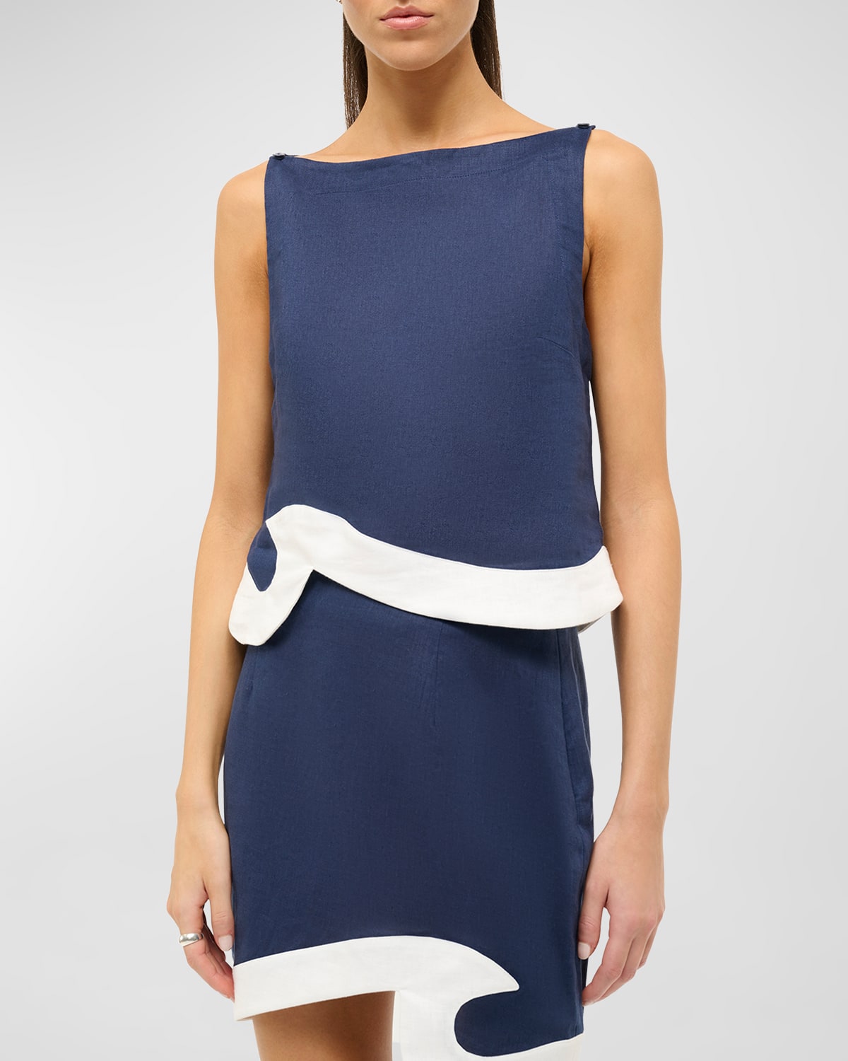 Shop Staud Raphael Sleeveless Two-tone Linen Top In Navy White