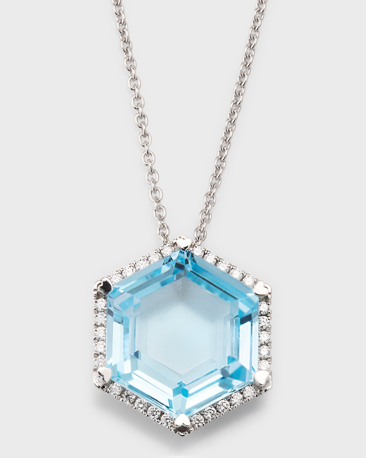 18K White Gold Hexagon Blue Topaz Pendant Necklace with Diamonds