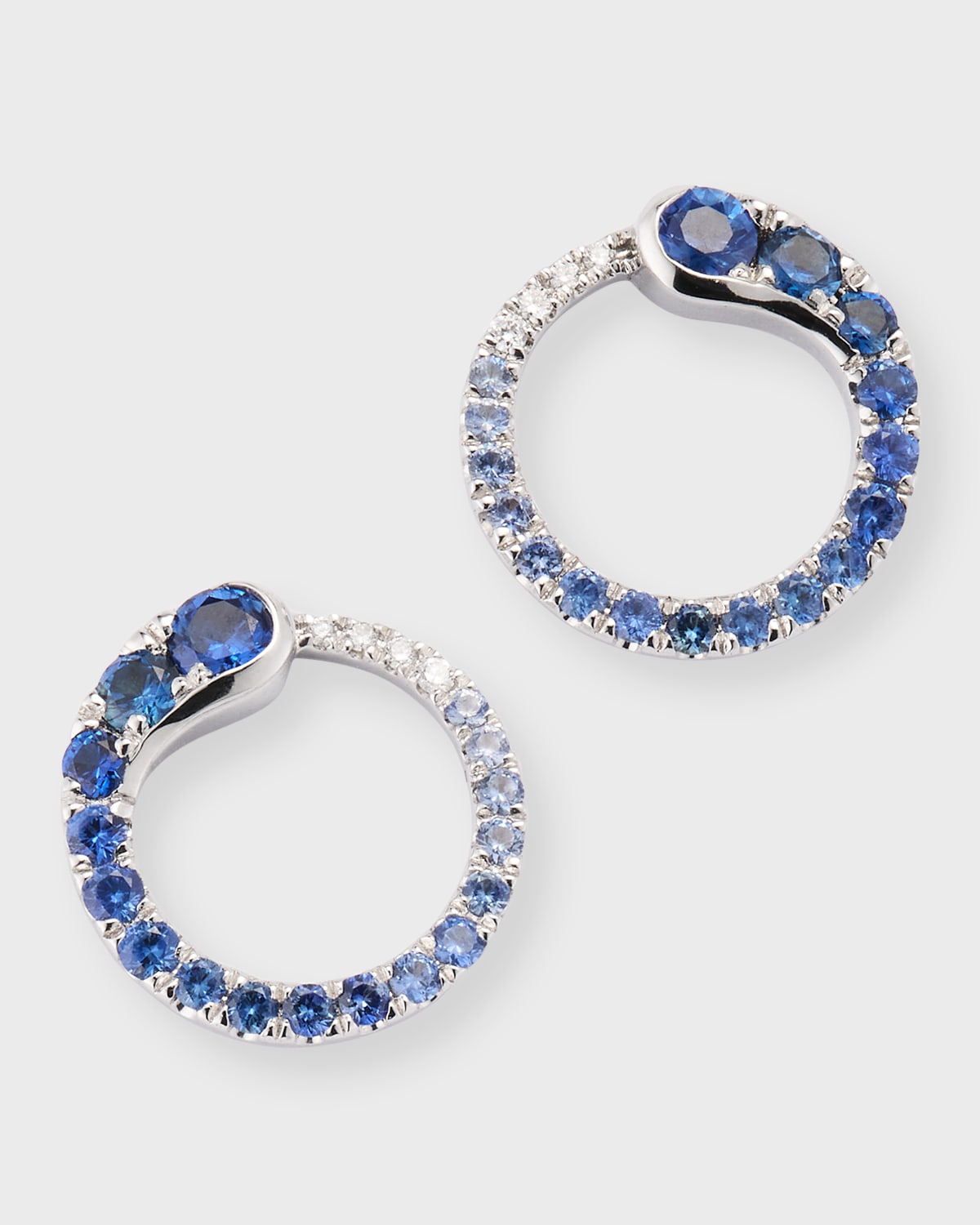 18k White Gold Diamond and Ombre Blue Sapphire Circle Stud Earrings