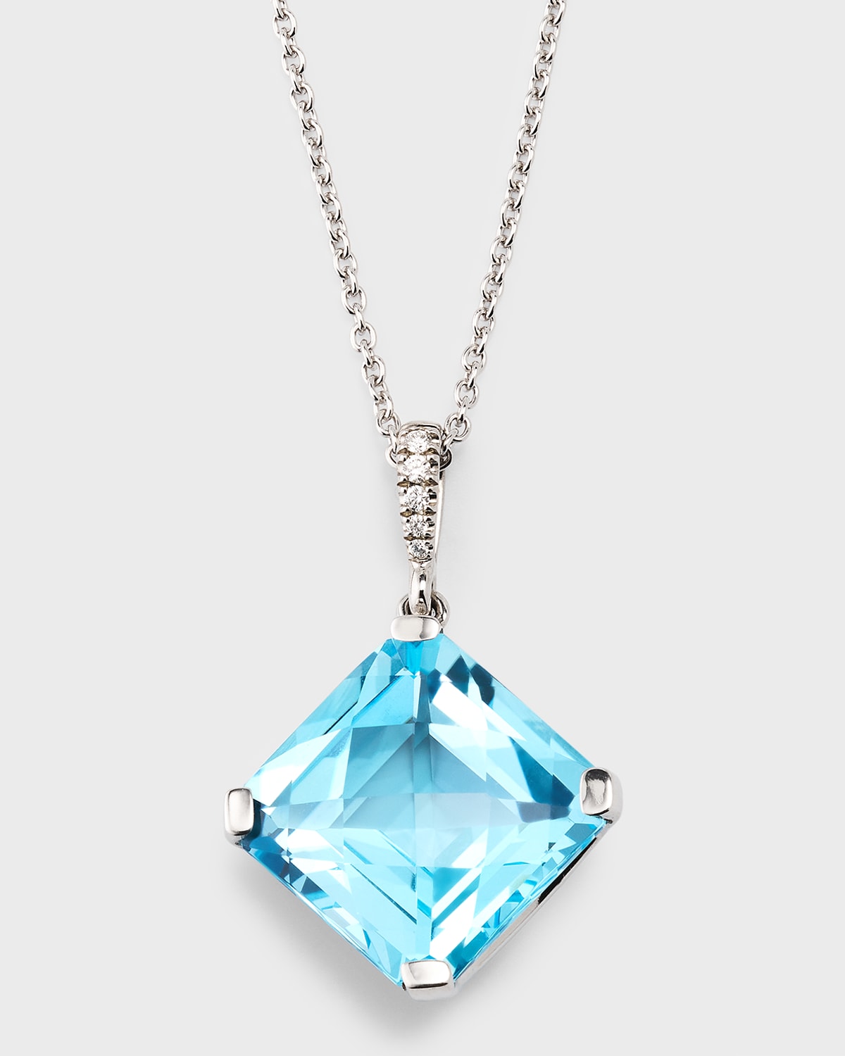 18K White Gold Square Blue Topaz Pendant Necklace with Diamonds