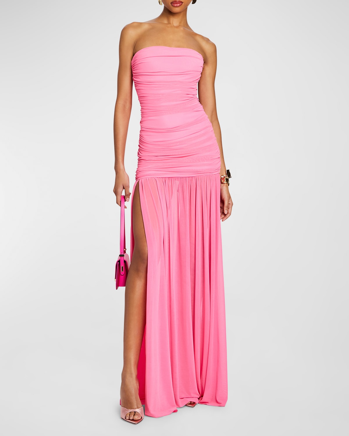Shop Retroféte Adele Ruched Strapless Maxi Dress In Candy Pink
