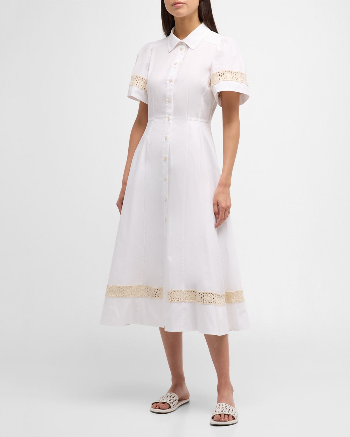 Shop Tanya Taylor Carlton Short-sleeve Crochet-trim Midi Shirtdress In Optic White