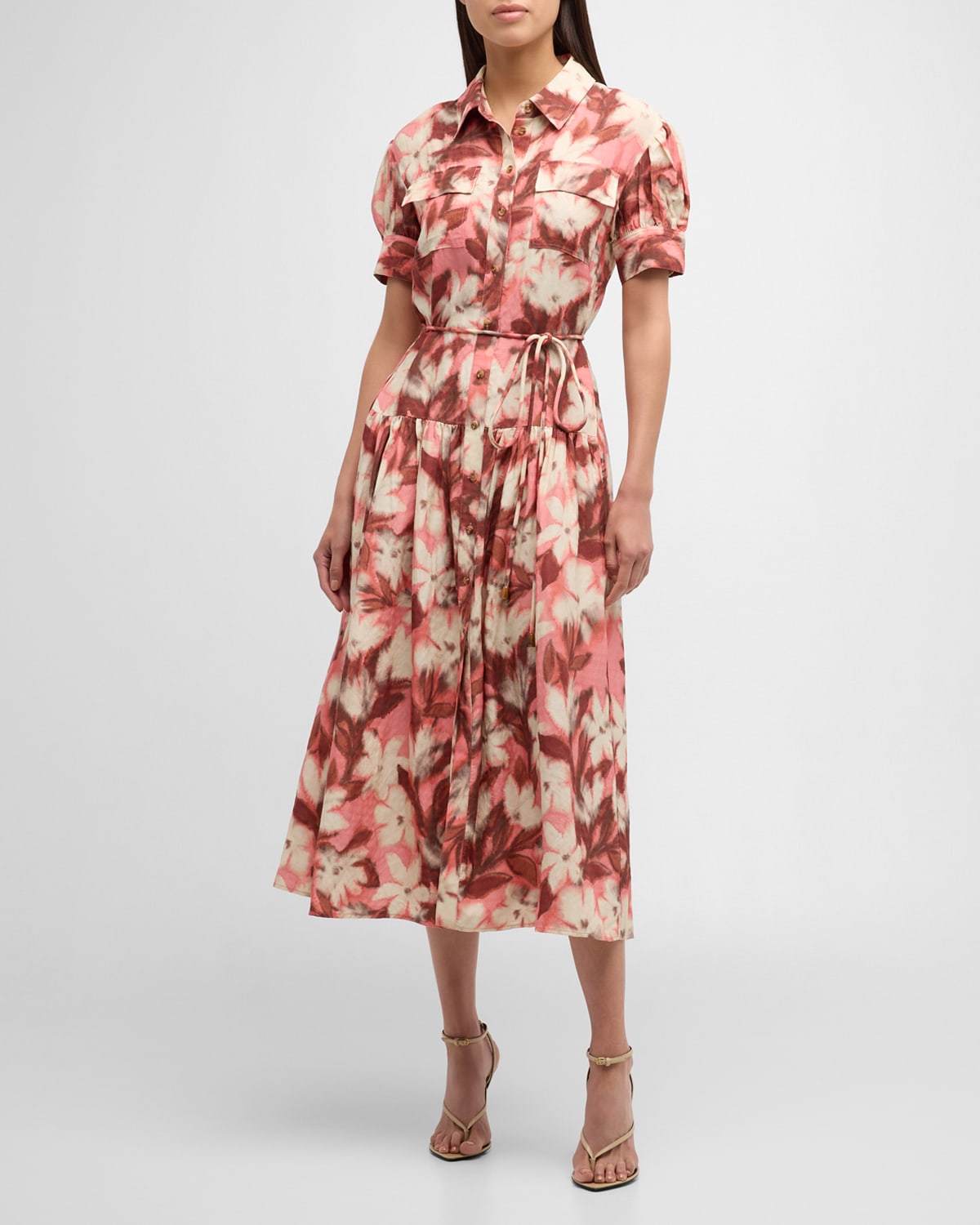 Carrington Short-Sleeve Waist-Tie Tiered Midi Dress