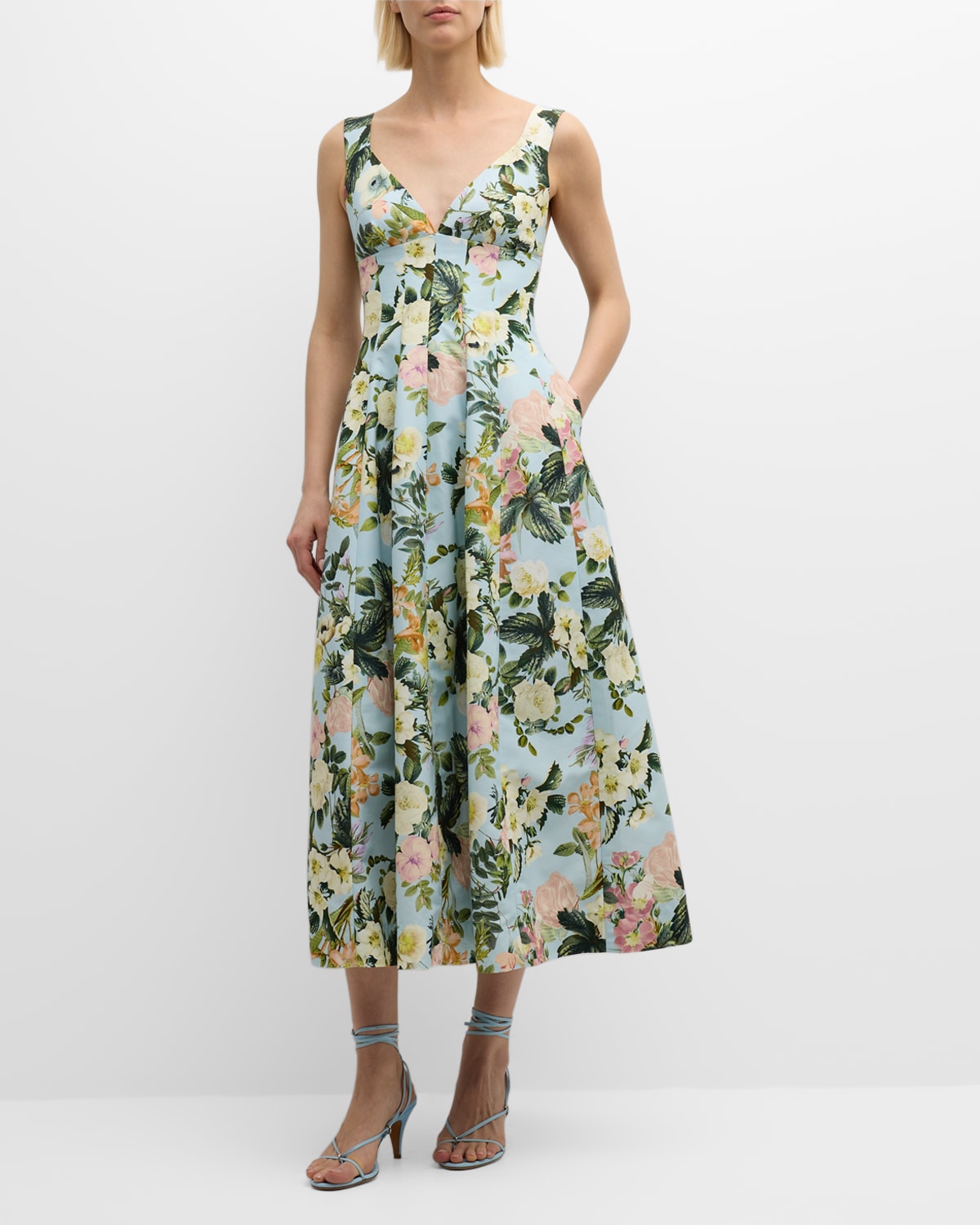Naples Pleated Floral Silk Sleeveless Midi Dress