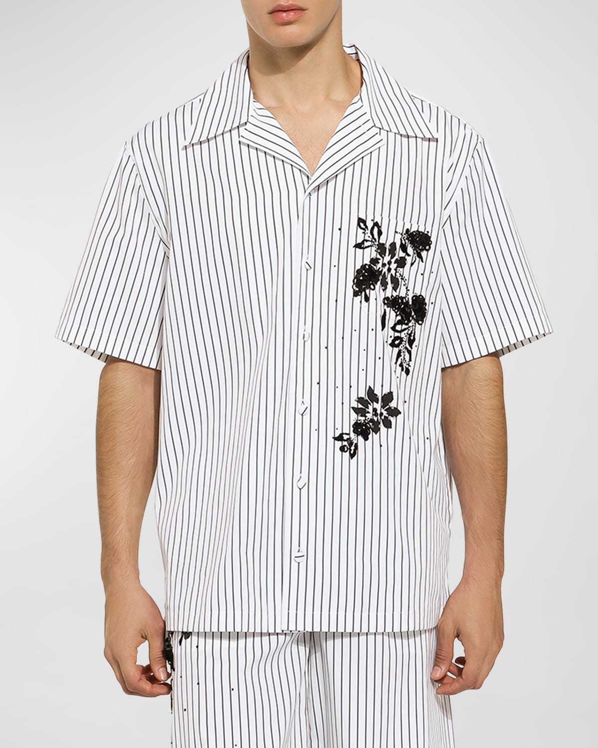 Shop Dolce & Gabbana Men's Striped Floral Embroidery Camp Shirt In White