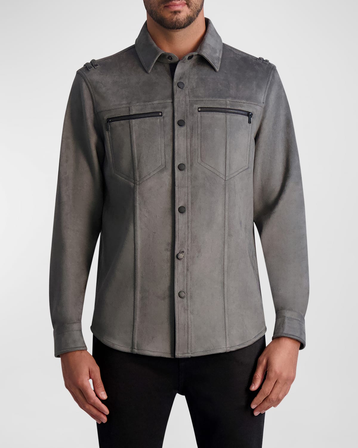 Shop Karl Lagerfeld Men's Faux-suede Oveshirt With Exposed Zippers In Grey