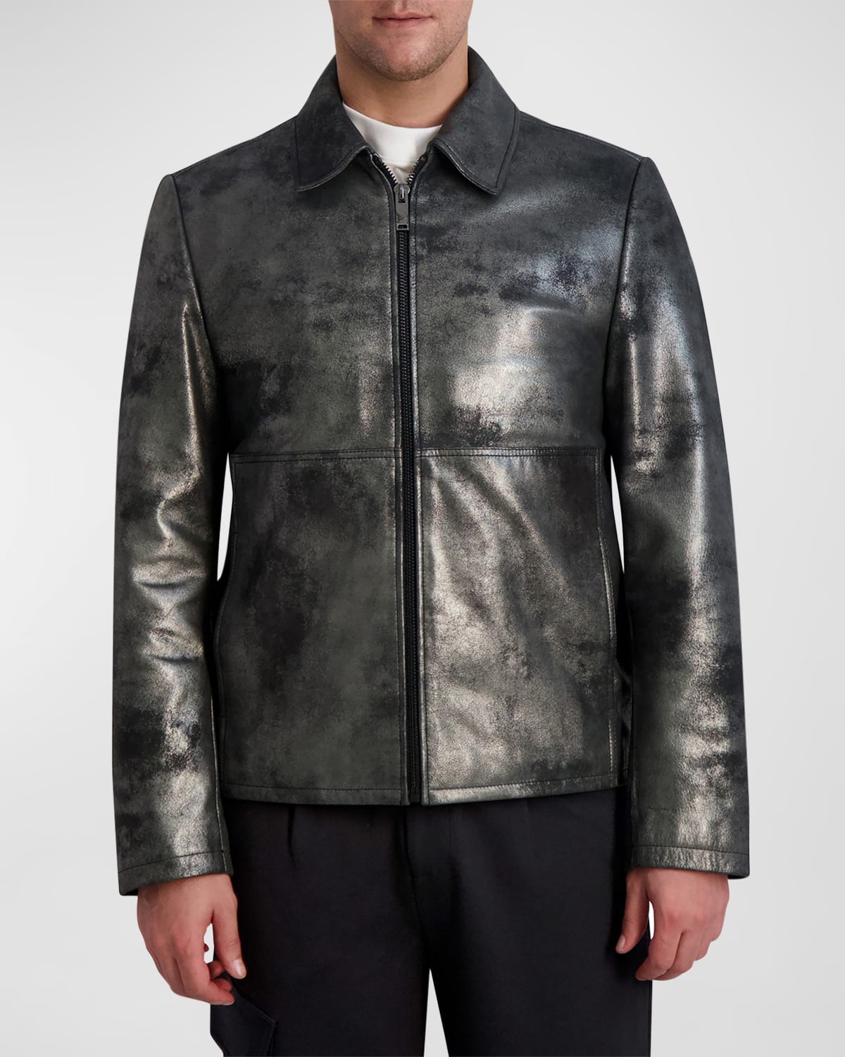 Men's Metallic Leather Shirt-Collar Jacket