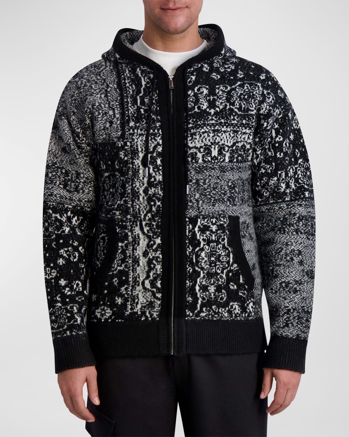 Karl Lagerfeld Paris White Label Bandana Full-zip Hooded Sweater Cardigan In Black/white