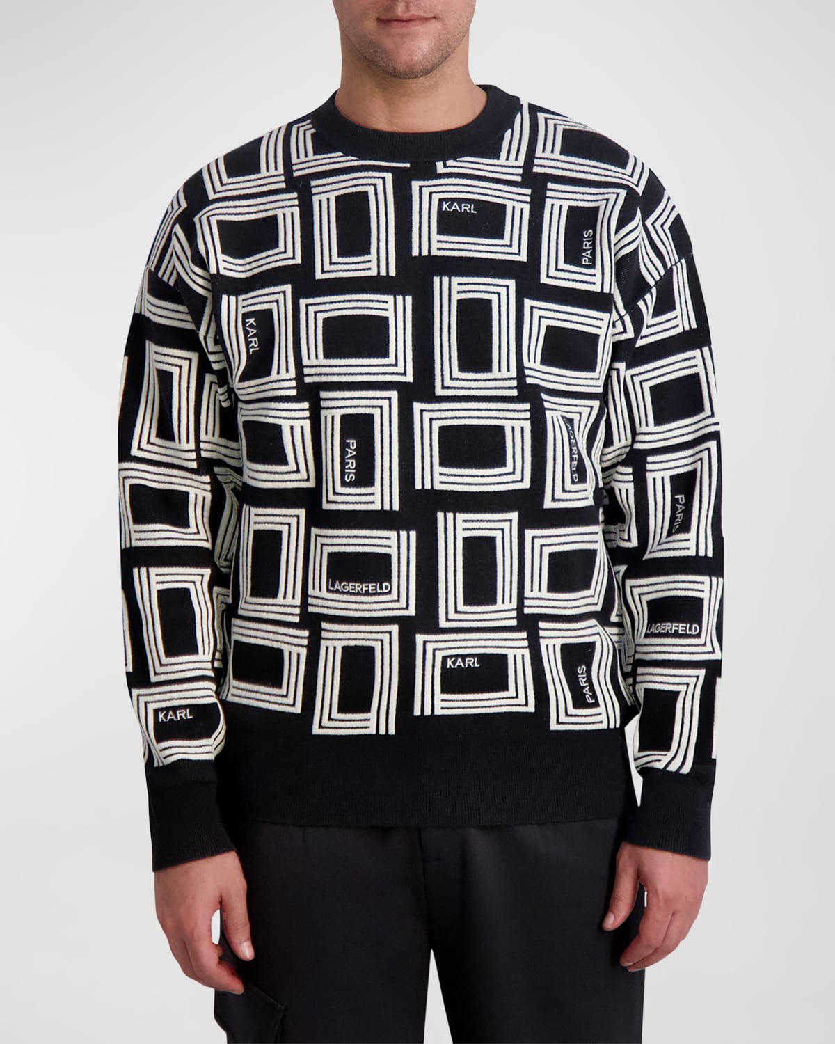 Karl Lagerfeld Paris White Label Karl Lagerfeld Paris Slim Fit Geometric Raised Monogram Jacquard Crewneck Sweater In Black