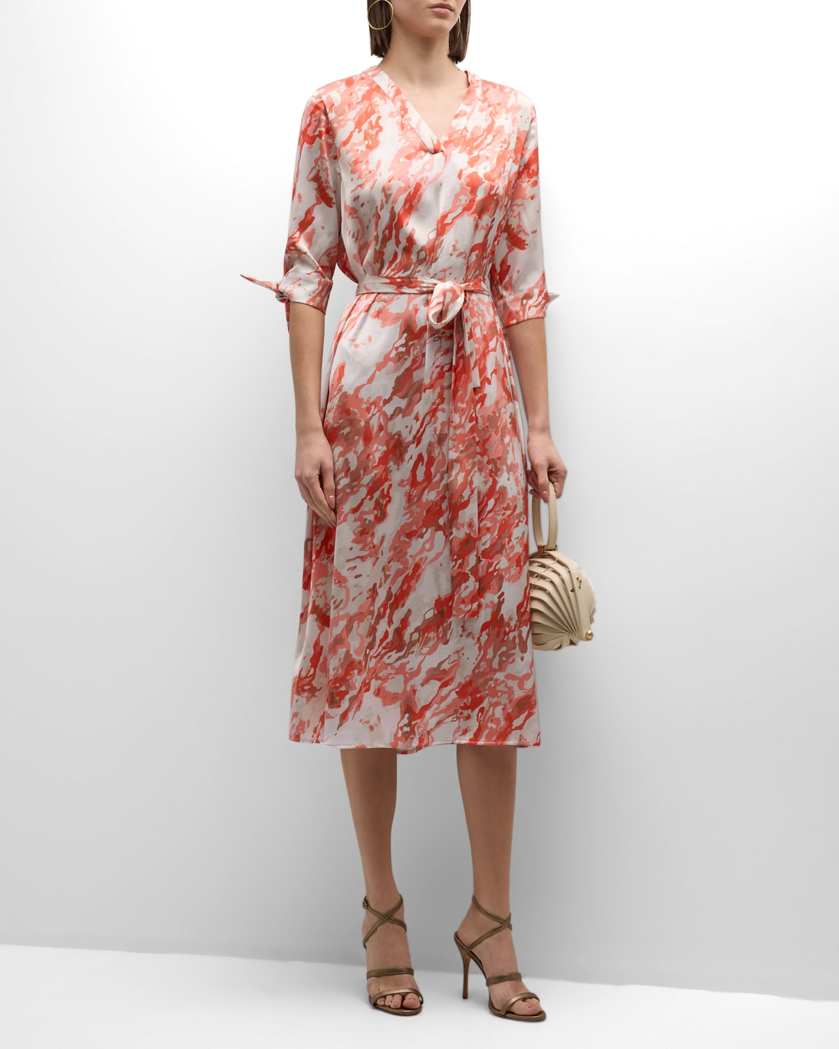 Abstract-Print Belted Crepe De Chine Midi Dress
