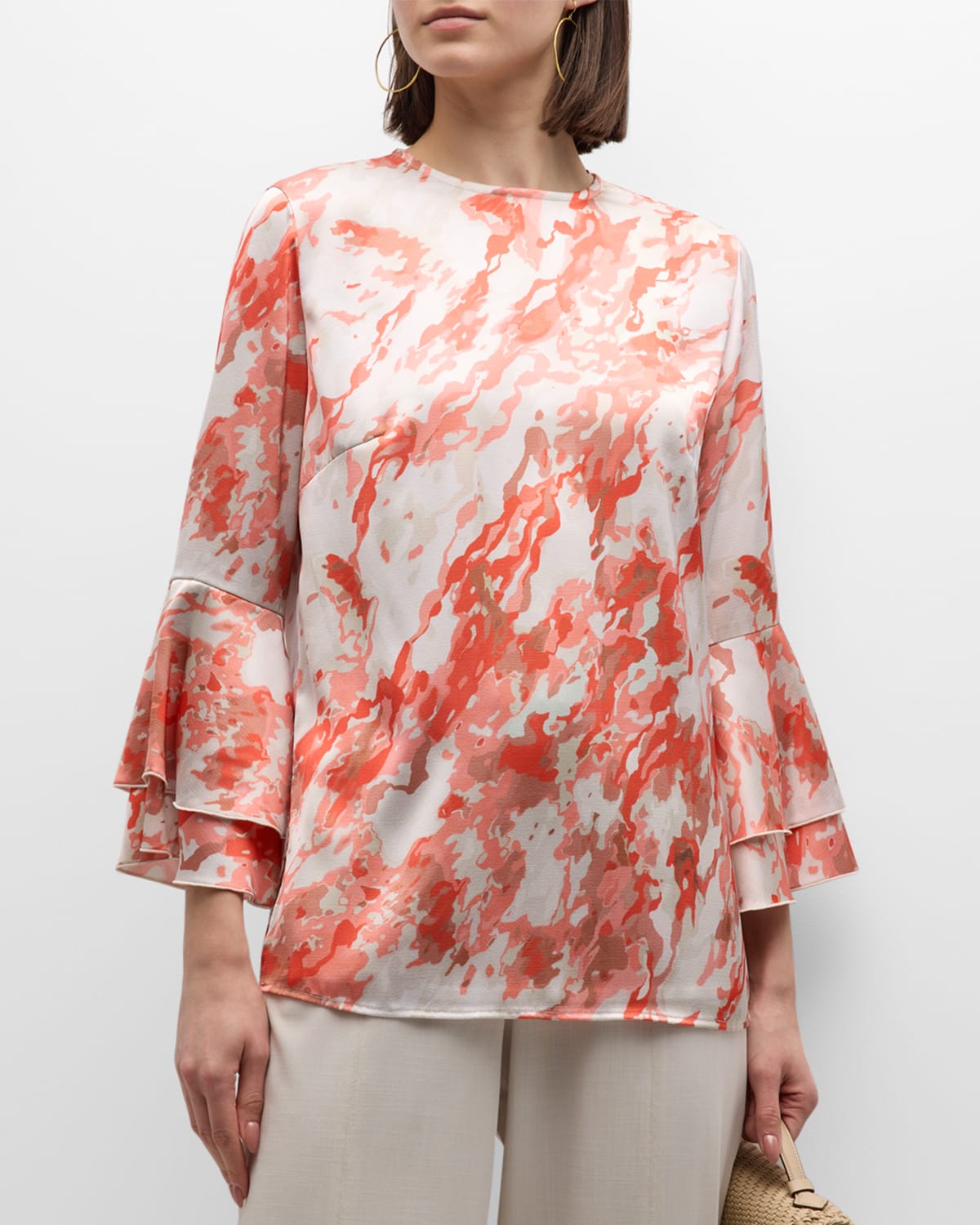 Abstract-Print Bell-Sleeve Blouse