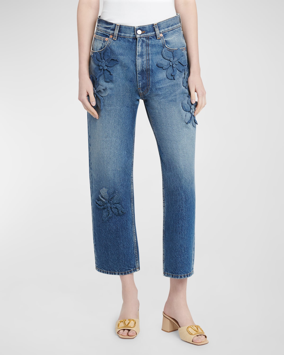 Valentino Cropped Wide-leg Jeans With Flower Detail In Blue Multi