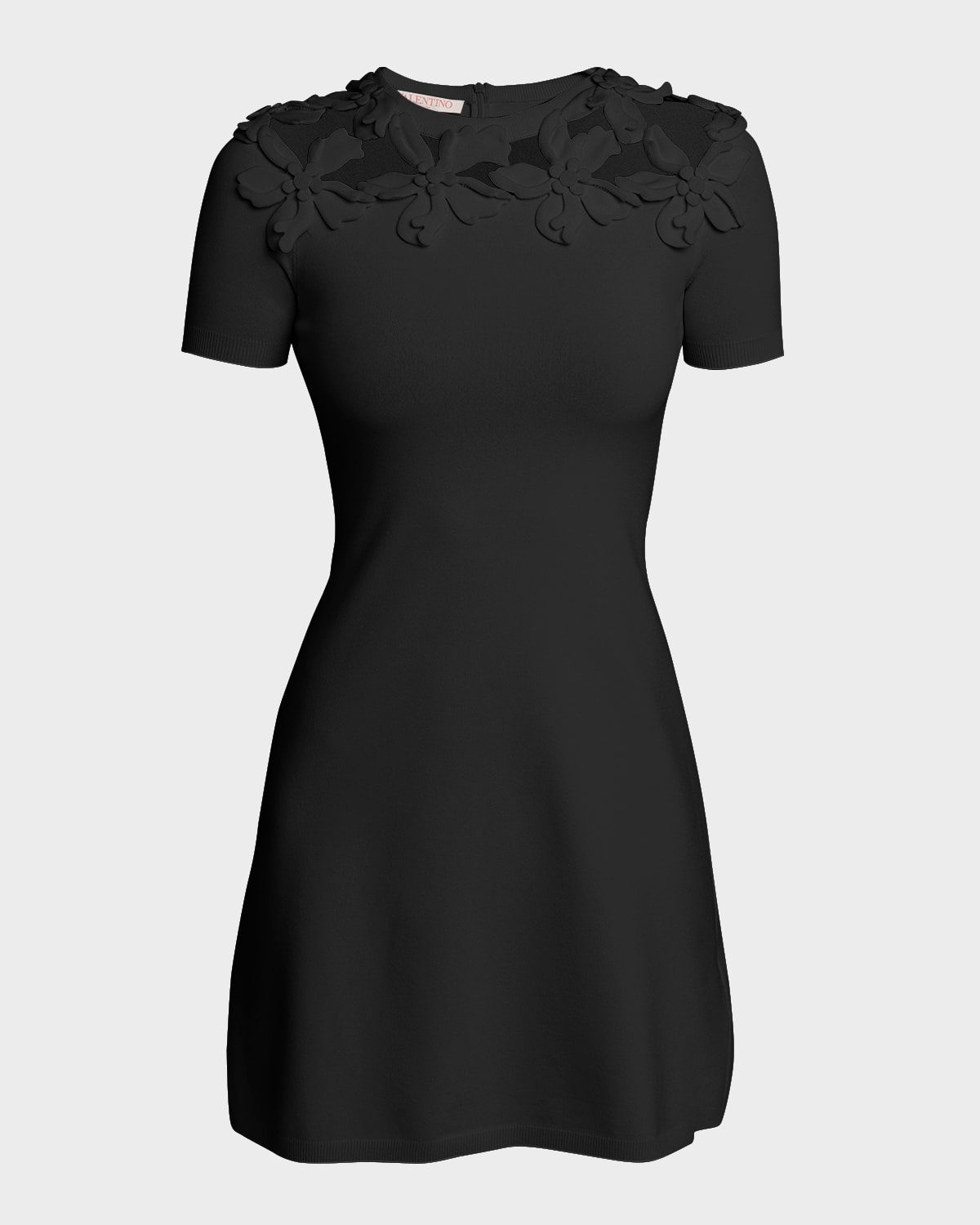 Valentino Knit Mini Dress With Floral Embroidered Neckline In Black