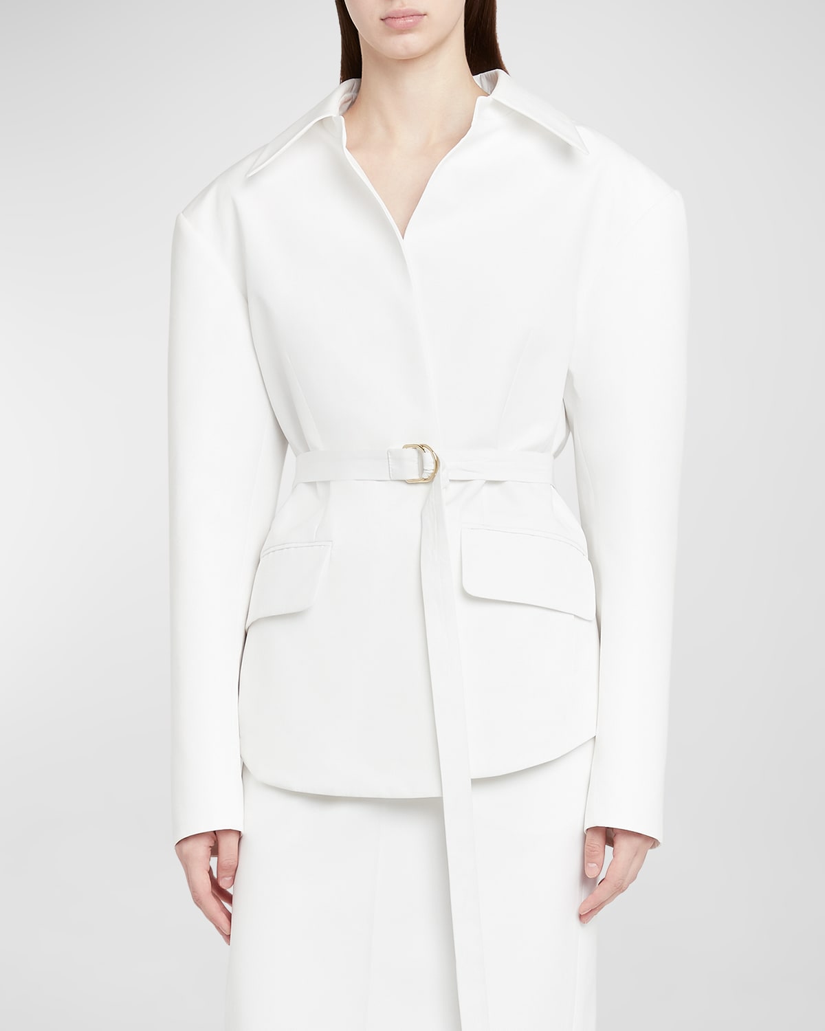 Shop Valentino Belted Collared Shirt Jacket In White