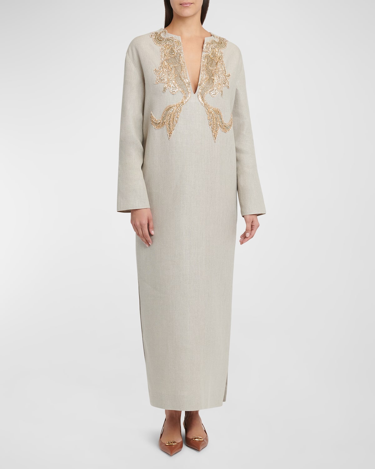 Shop Valentino Crystal Embroidered Tunic Midi Dress In Beige Multi