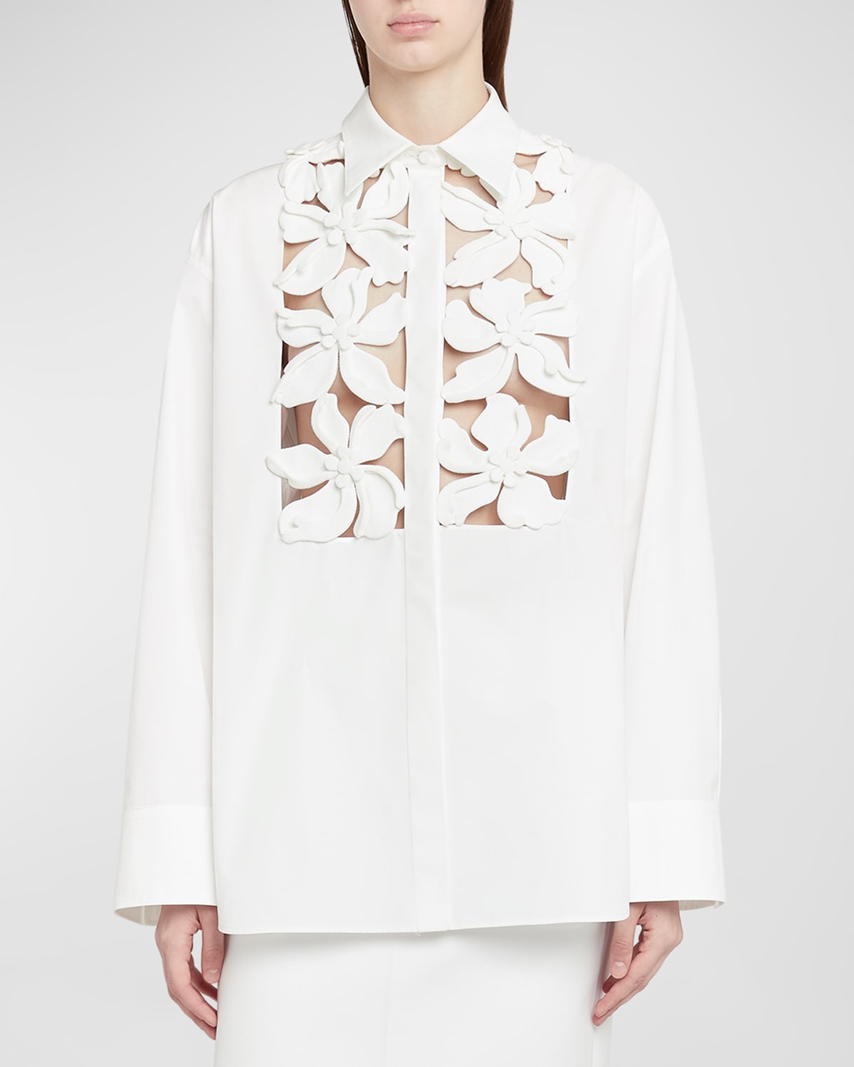 Valentino Poplin Floral Button-front Shirt With Lasercut Bib In White