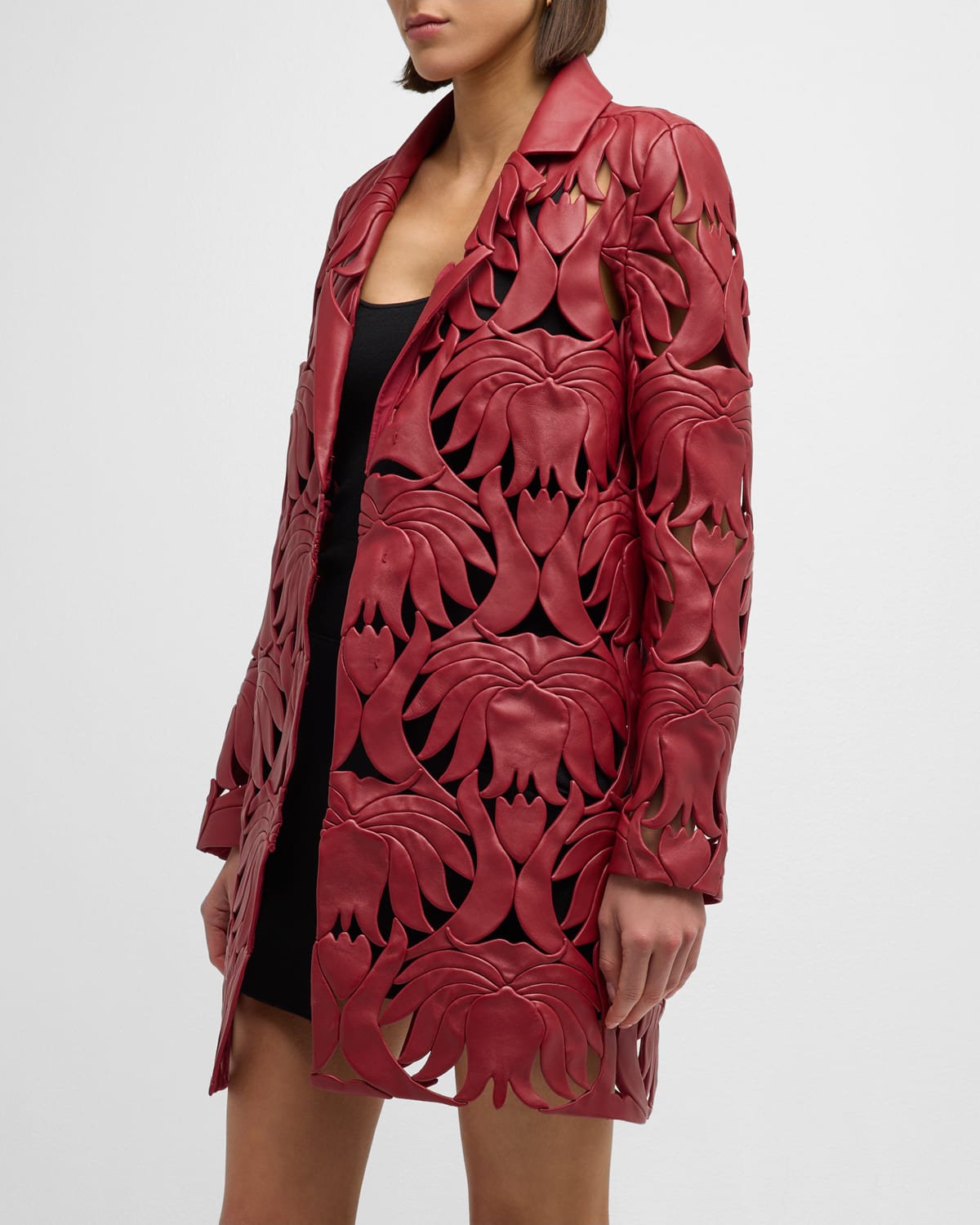 Shop Valentino Embroidered Atlas Nappa Leather Coat In Red Burgundy