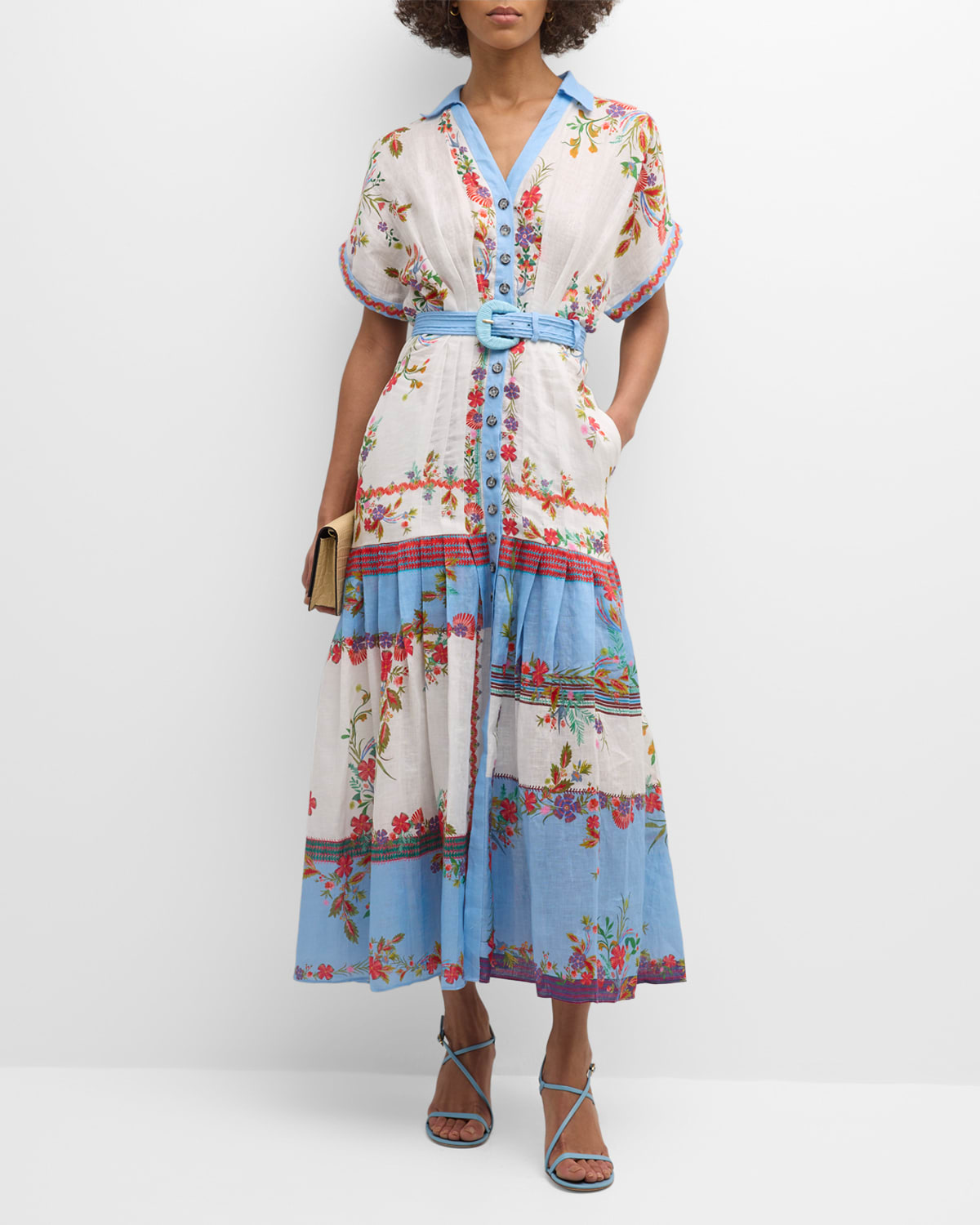 Saloni Riya-b Belted Floral Linen Maxi Shirt Dress In 2070-zinnia Grove