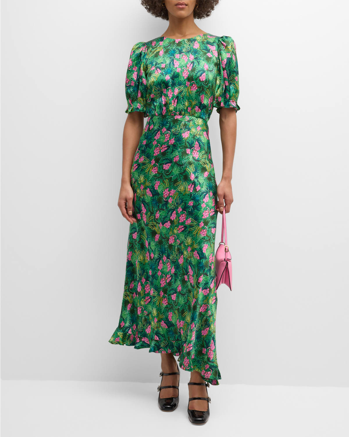 Vida-D Puff-Sleeve Floral Silk Midi Dress